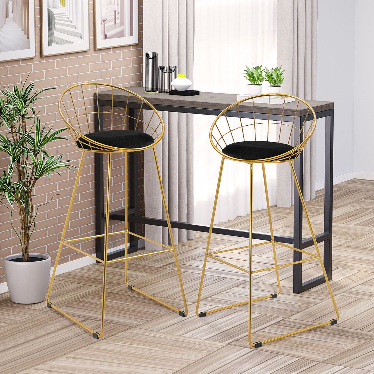 HOMCOM 2er-Set Barhocker mit Rückenlehne Bistrohocker Barstuhl Metall Gold