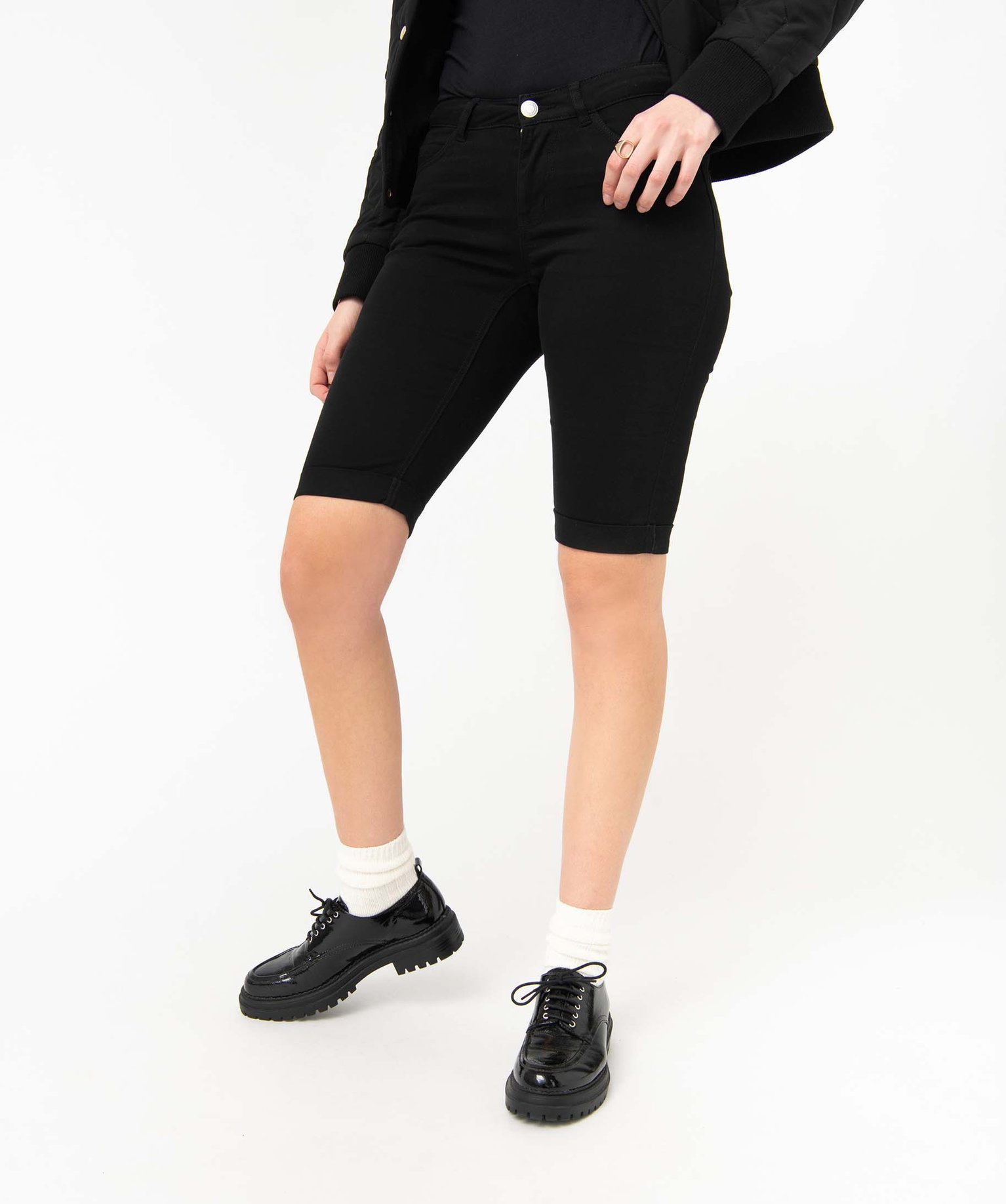Bermuda femme en coton extensible noir | GEMO