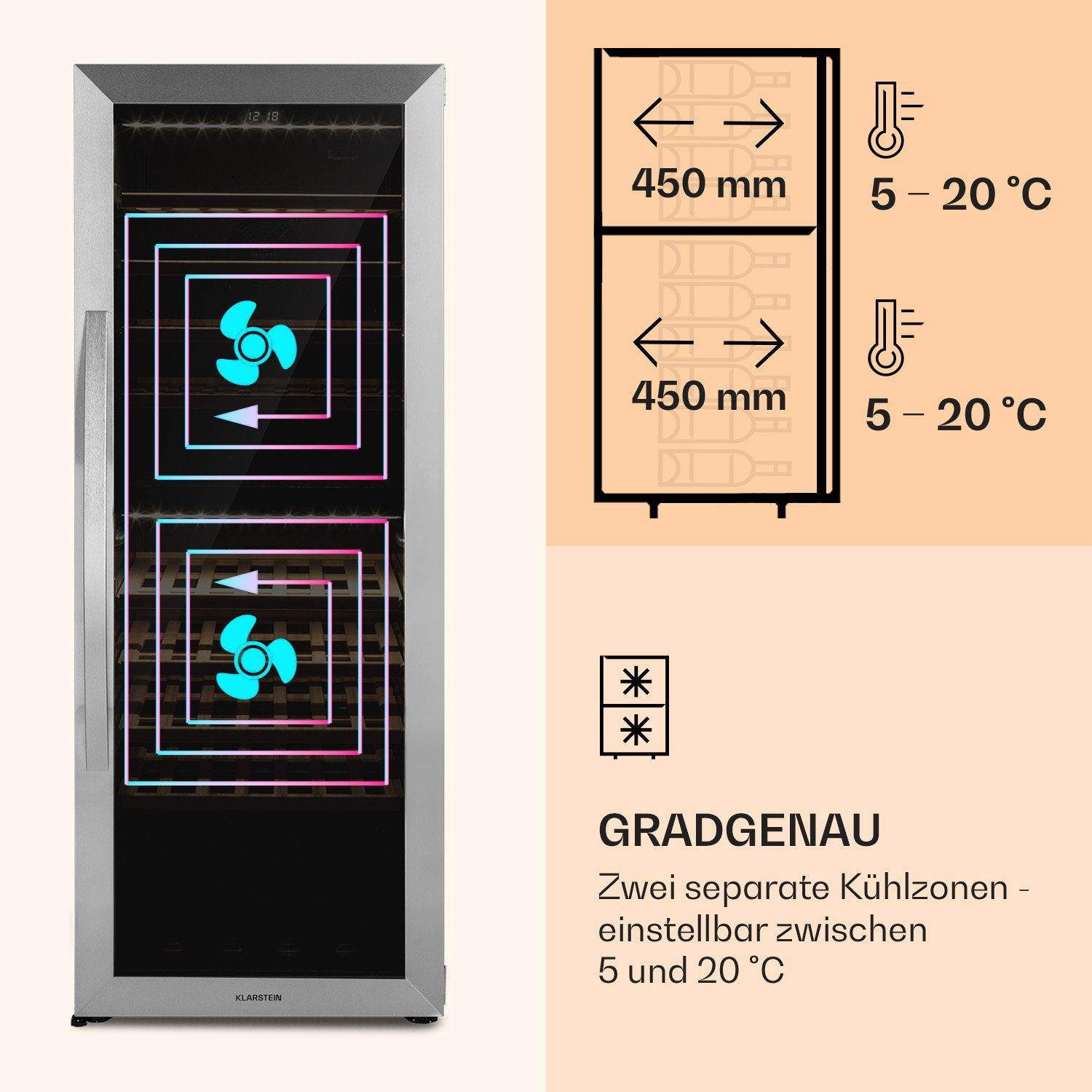 Klarstein Weinkühlschrank Vinamour 77 Duo, für 77 Standardflaschen á 0,75l,2 Zonen Wein Flaschenkühlschrank Weintemperierschrank Weinschrank