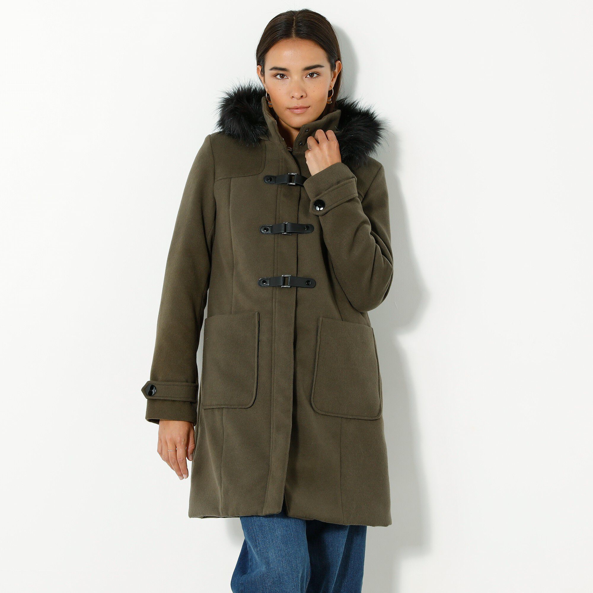 Duffle-coat capuche fausse fourrure uni