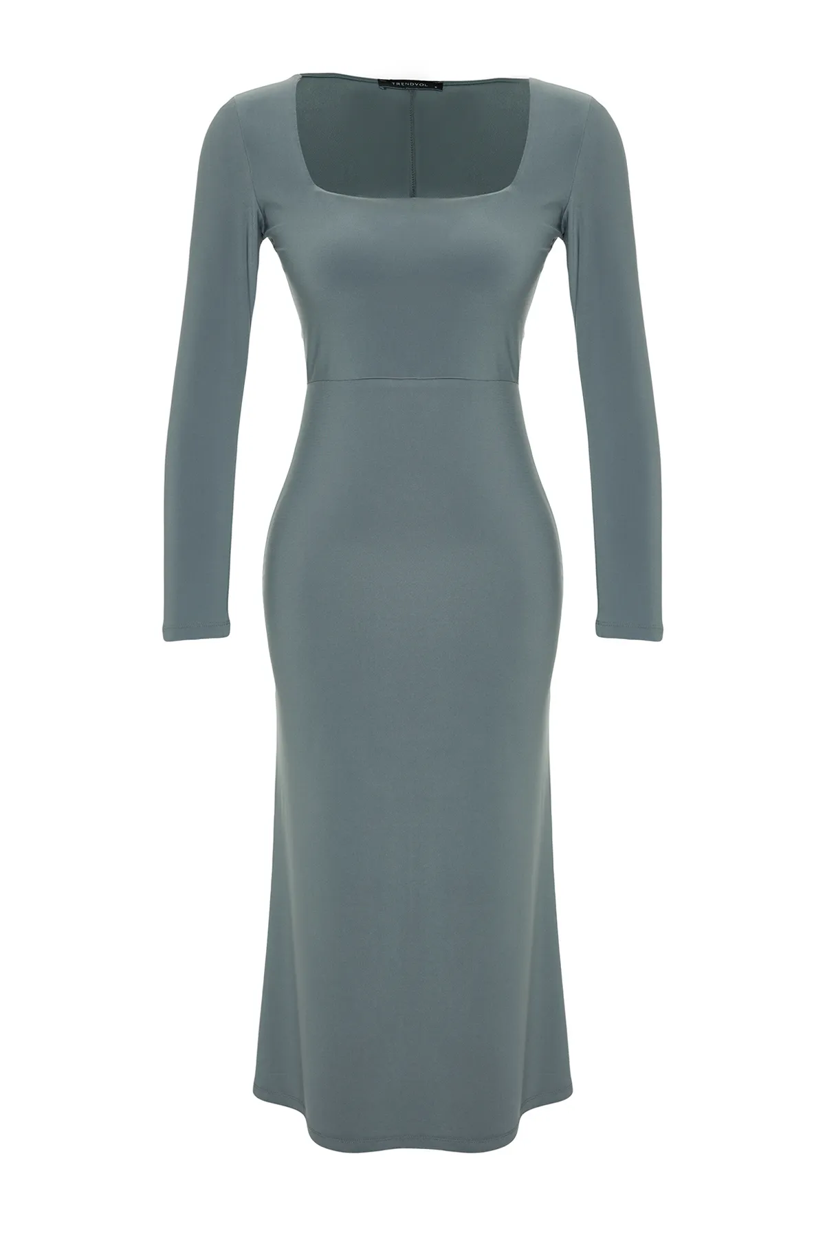 Trendyol Collection  Dunkelgraues, figurbetontes Maxi-Strickkleid mit Volants und quadratischem Ausschnitt TWOAW24EL00613