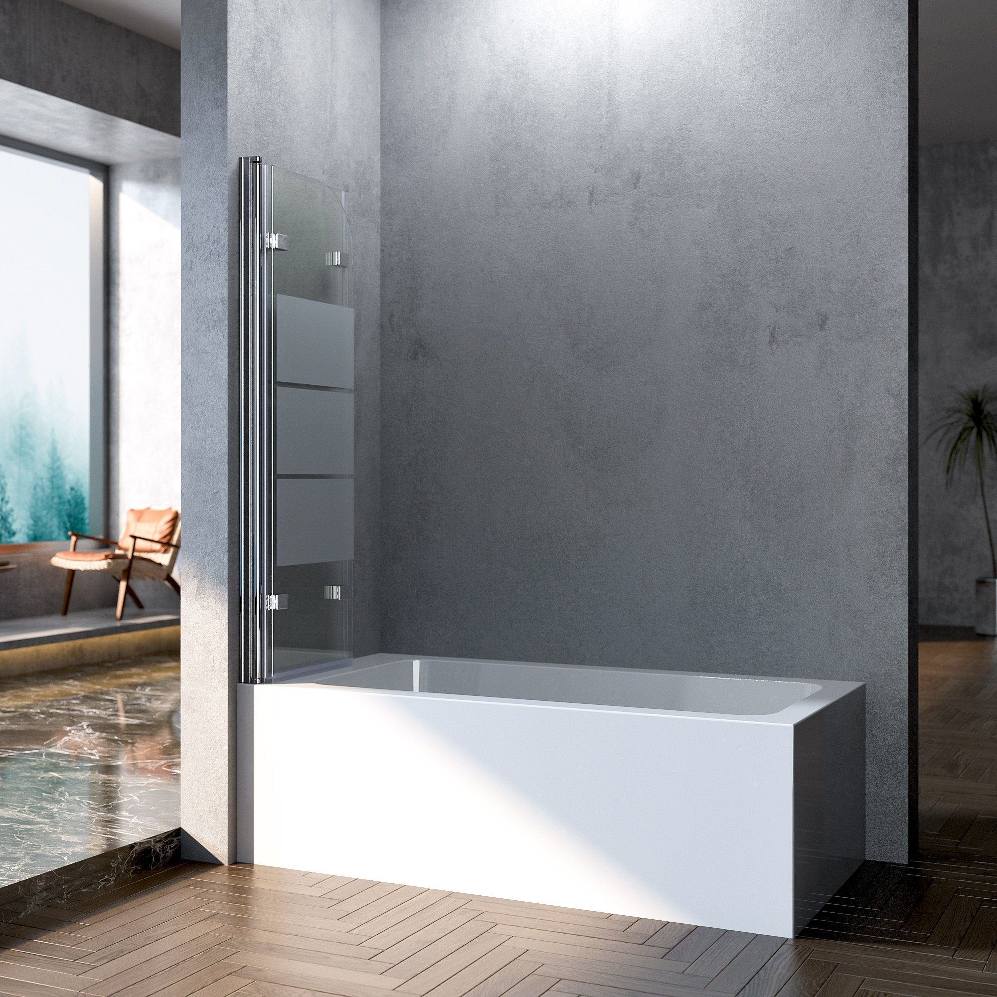 Boromal Badewannenaufsatz 140x140 130x140 120x140 3 teilig faltbar Duschwand für Badewanne Glas, 5mm Sicherheitsglas, Milchglas, verstellbar Alu Wandprofil, komplett faltbar, 180° schwenkbar, Rechts-und Links montierbar
