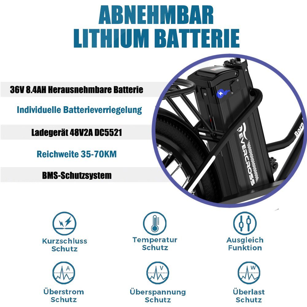 Evercross E-Bike EK8S 26 ZOLL, 250W Heckmotor, Elektrofahrrad Elektro Trekkingrad 26