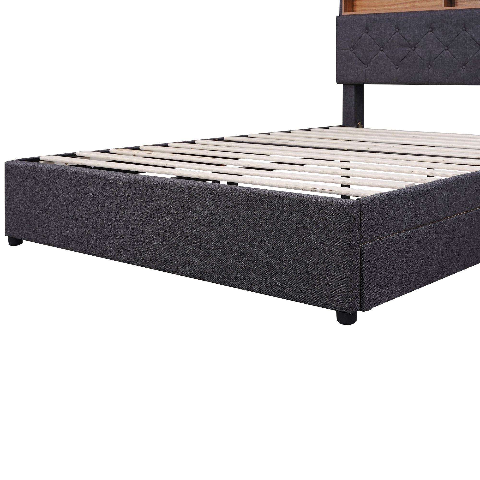 Flieks Polsterbett, LED Beleuchtung Doppelbett USB Steckdose 2 Schubladen 140x200cm Leinen