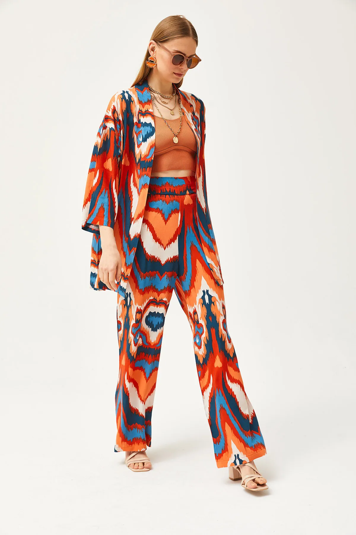 Olalook  Damen Orange Blau Oberteil Kimono Unterteil Taschenhose Set TKM-19000276