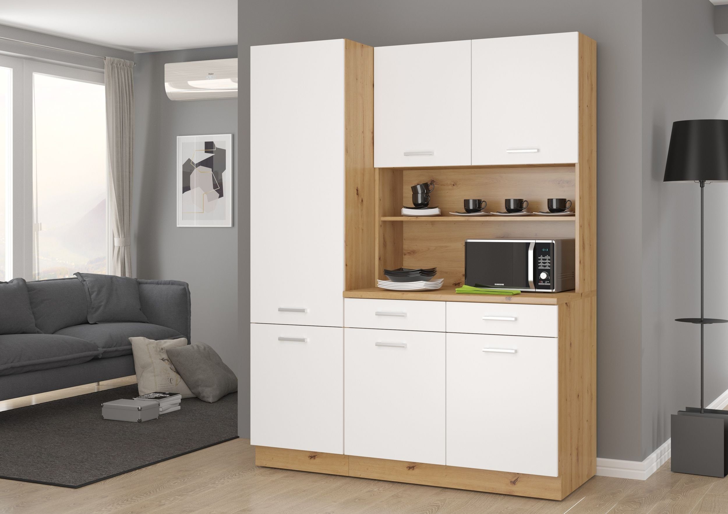 Küchen-Preisbombe Küchenbuffet Mario 150 cm Küche Küchenzeile Küchenblock Weiss matt + Eiche Artisan