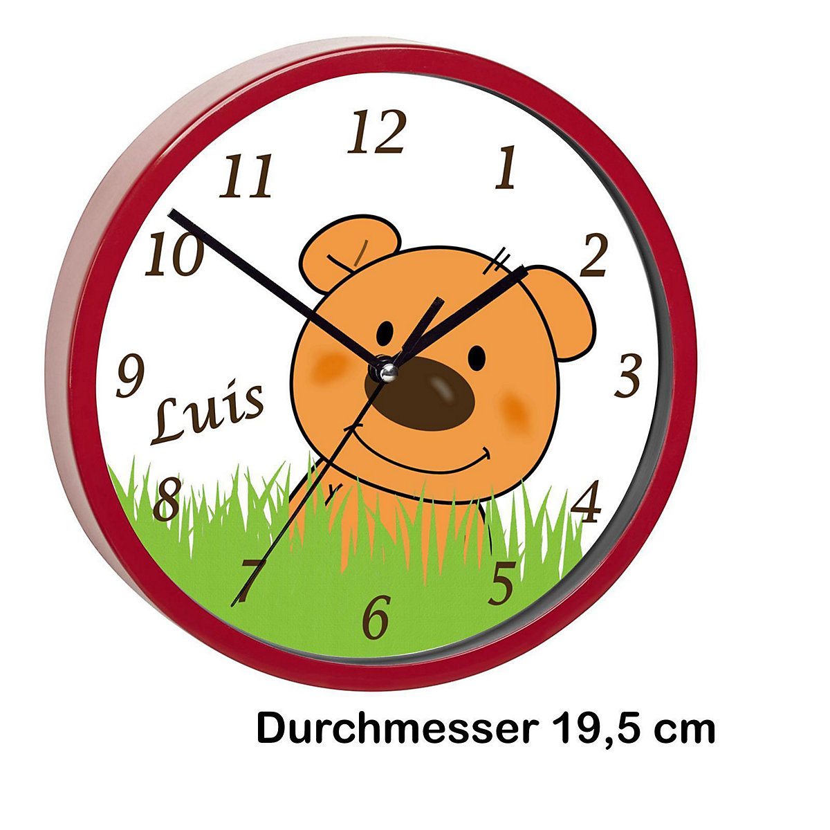 Kinder Wanduhr laufruhig personalisiert mit Name Teddy Bär-Graß