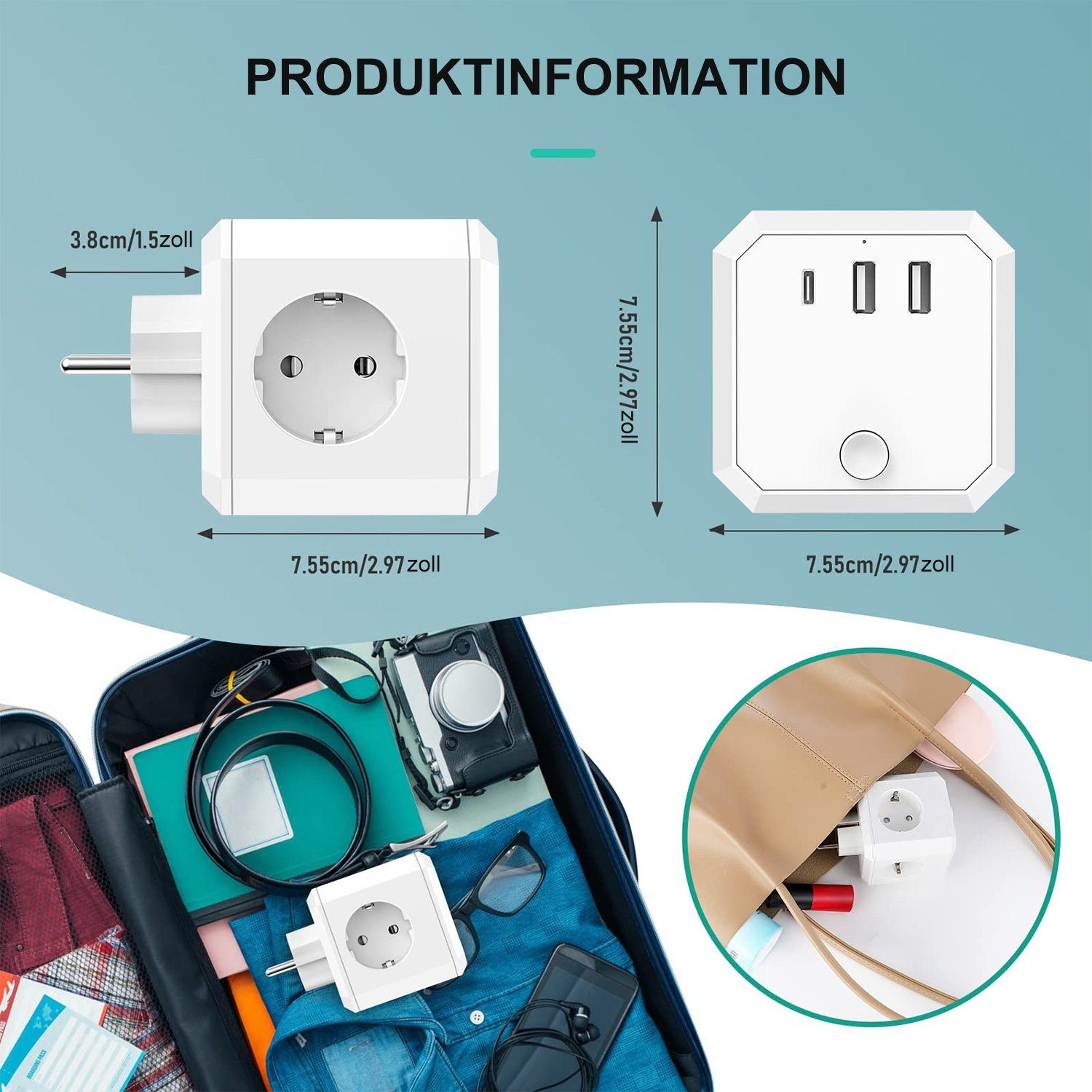MAGICSHE Steckdose Steckdosenwürfel mit USB, 1X Zwischenstecker, Maximalstrom: 3,4 A, Ohne Kabel