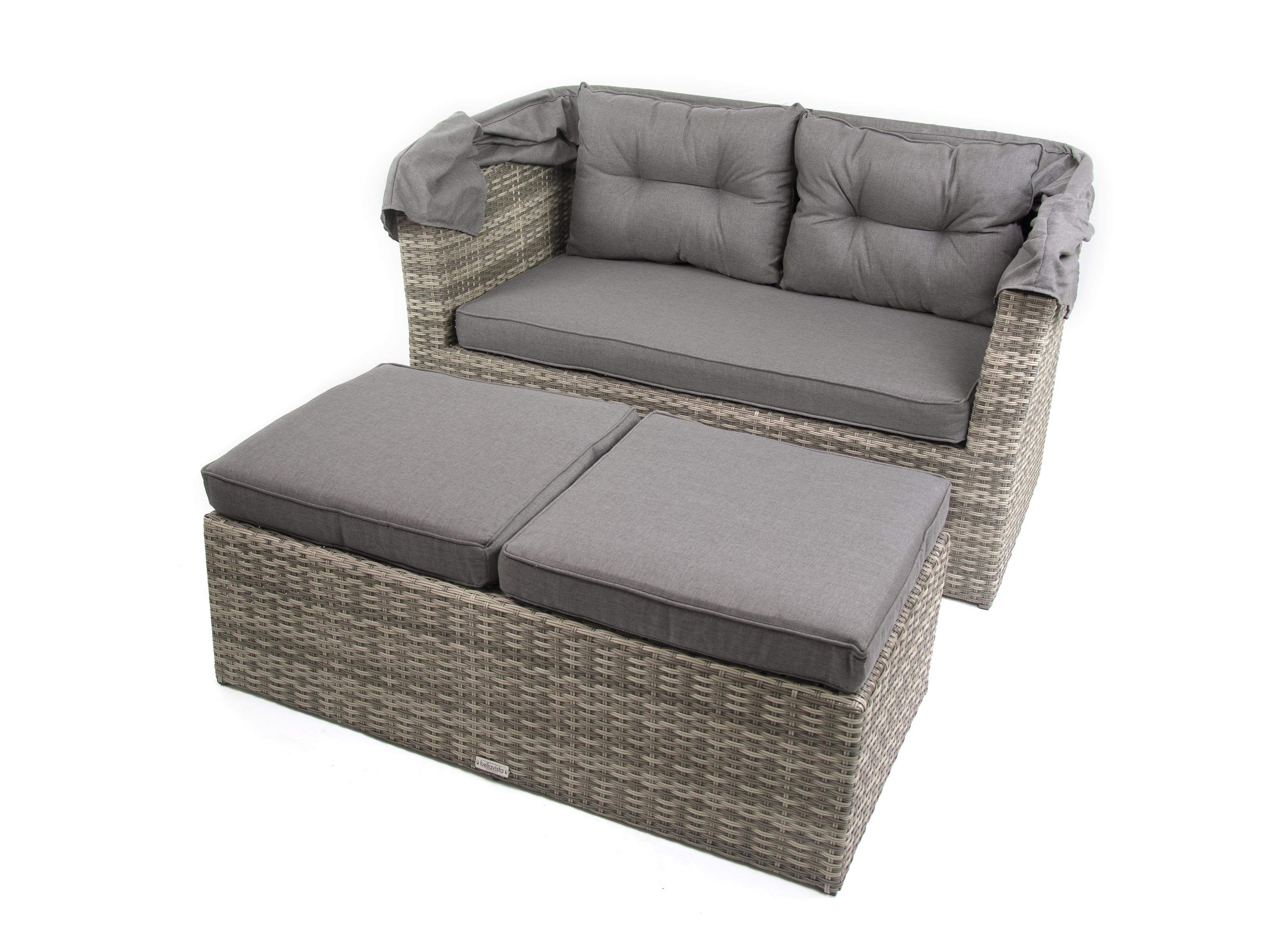 bellavista - Home&Garden® Strandkorb Multifunktionslounge - Strandkorb Long Island, BxTxH: 145x80x152 cm, Modern, (Set, 7-tlg., inkl. Sitz und Rückenkissen), 2-sitzer Sofa ca. 145x80x80,5cm (BxTxH) und 145x80x152cm (BxTxH) mit aufgeklapptem Dach, Fuß