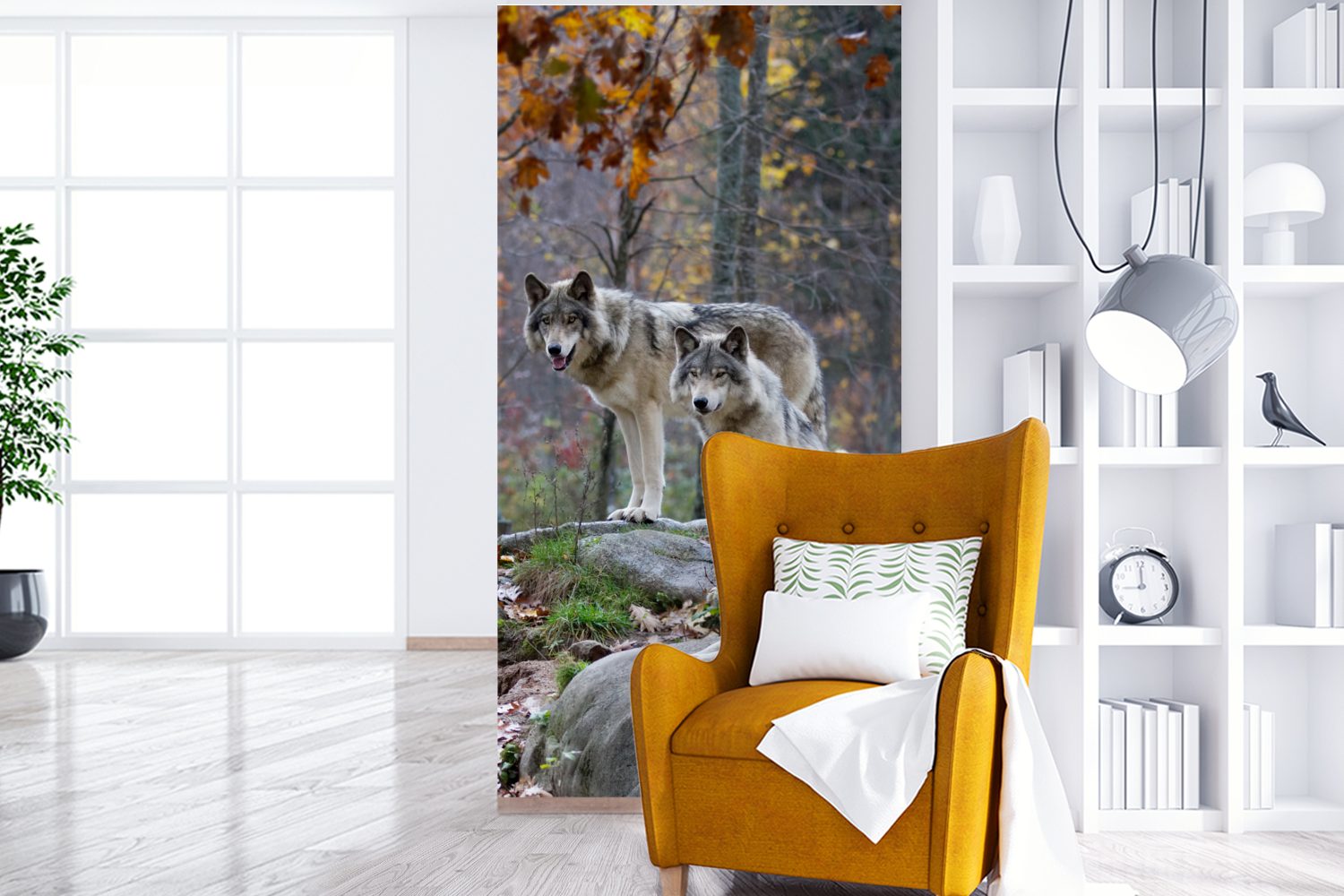 MuchoWow Fototapete Wölfe - Fels - Wald, Matt, bedruckt, (2 St), Vliestapete für Wohnzimmer Schlafzimmer Küche, Fototapete