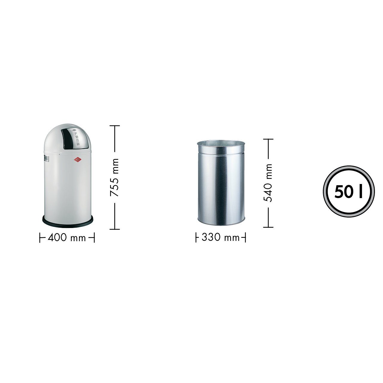 WESCO Mülleimer PUSHBOY 50 Liter, Stahlblech, 50 Liter