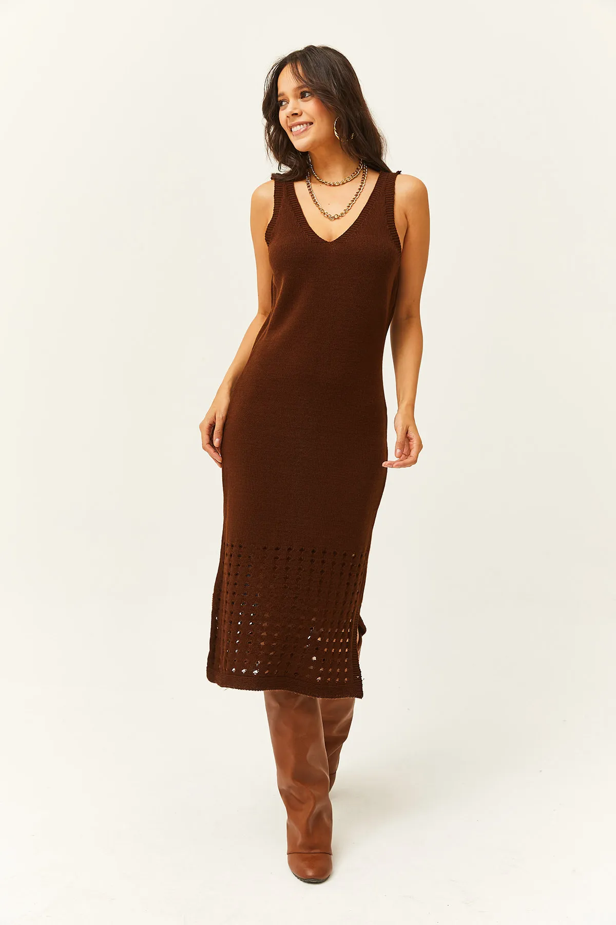 Olalook  Damenoberteil, durchbrochener Pullover, unten, durchbrochenes Kleid, Strickanzug, Bitterbraun, TKM-19000246