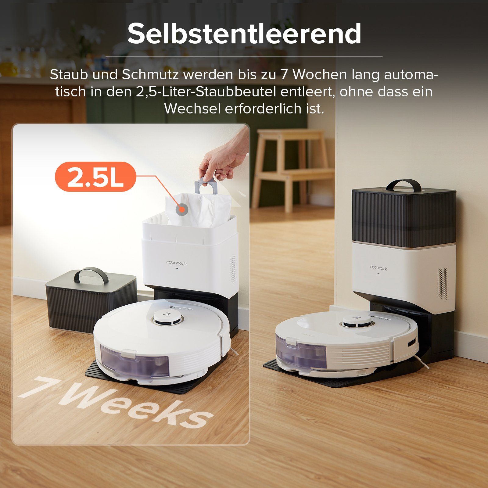 Roborock Saugroboter Q8 MAX+, 59,00 W, Saugroboterr mit selbstentleerender Absaugstation (7 Wochen) , DuoRoller-Bürste, 5500 Pa Saugkraft, No-Go-Zonen, Reinigung entlang der Bodenlinien, Sprach-/App-Steuerung, Q7 MAX+ Update