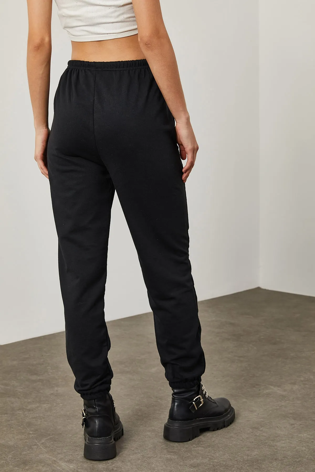 XHAN  Schwarze Damen-Jogginghose mit Spitzenbund 0YZK8-10364