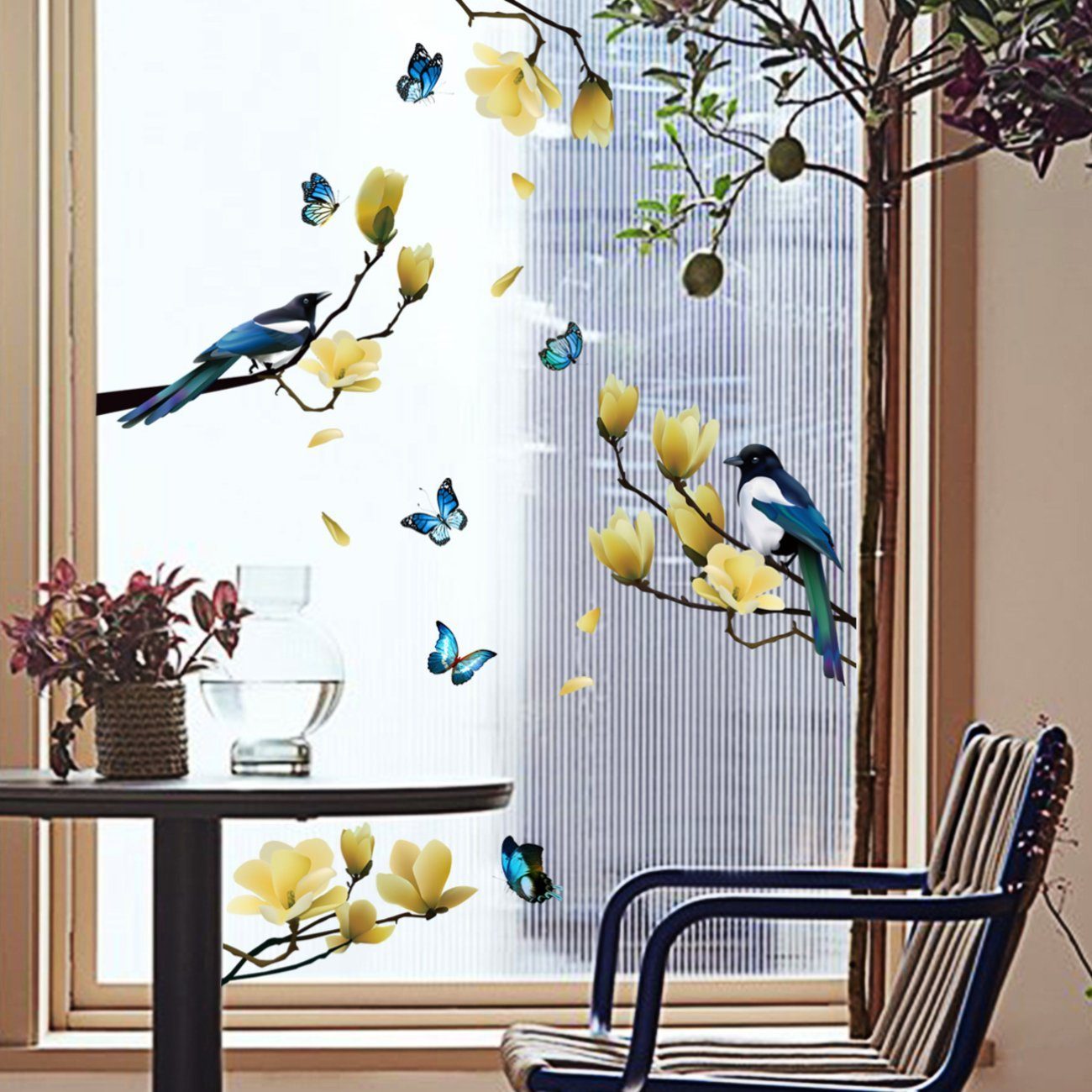 Fenstersticker Dekorative Wandaufkleber mit Pflanzenzweigen, Blumen und Vögeln, Union Reisen