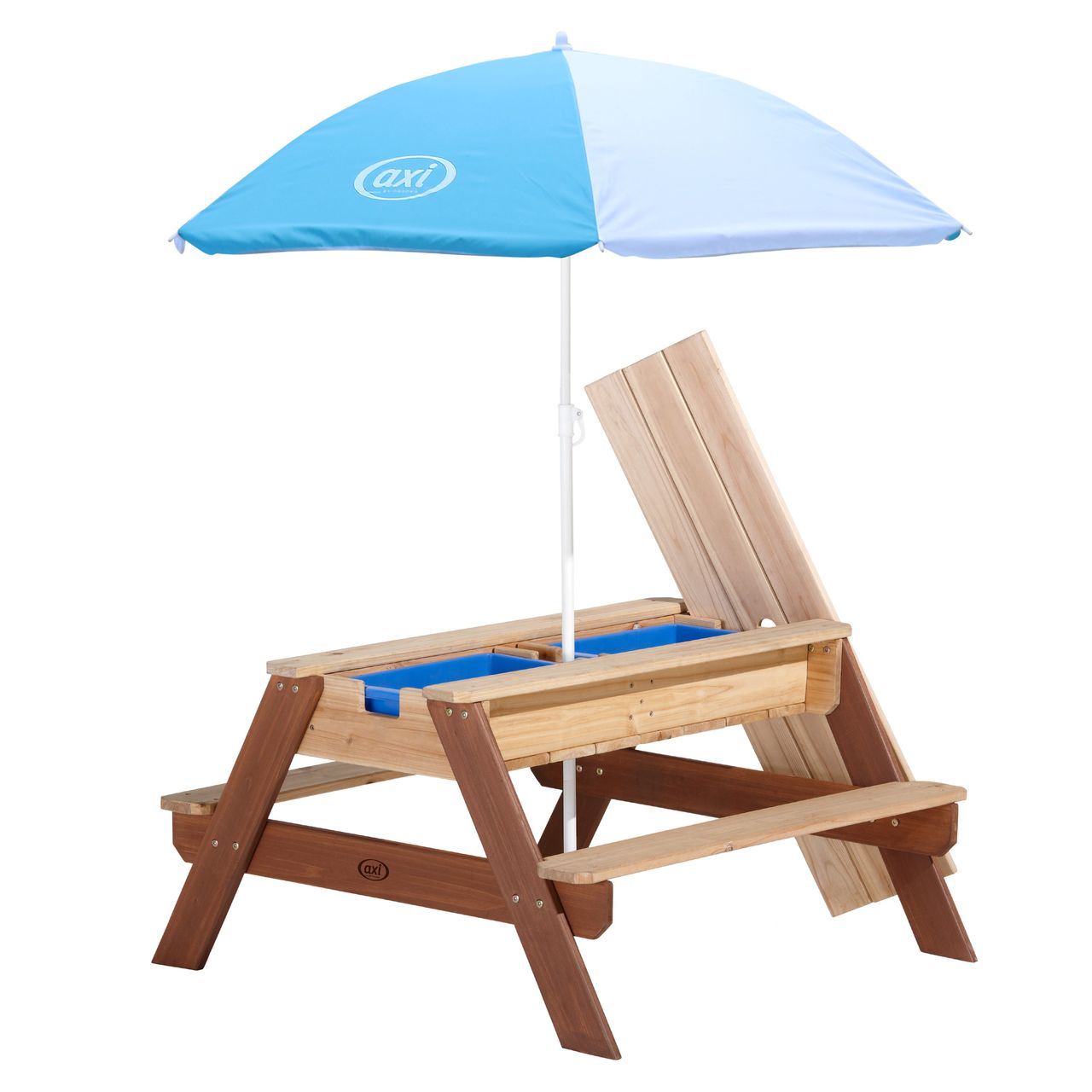 AXI Nick Sand & Wasser Picknicktisch Braun - Sonnenschirm Blau/weiß