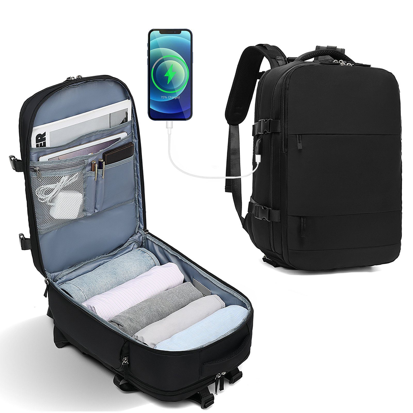 TAN.TOMI Reiserucksack Reiserucksack 45L, Handgepäck Rucksack, Lässiger Tagesrucksack, Wasserdichter Reiserucksack mit USB Ladeanschluss Schuhfach