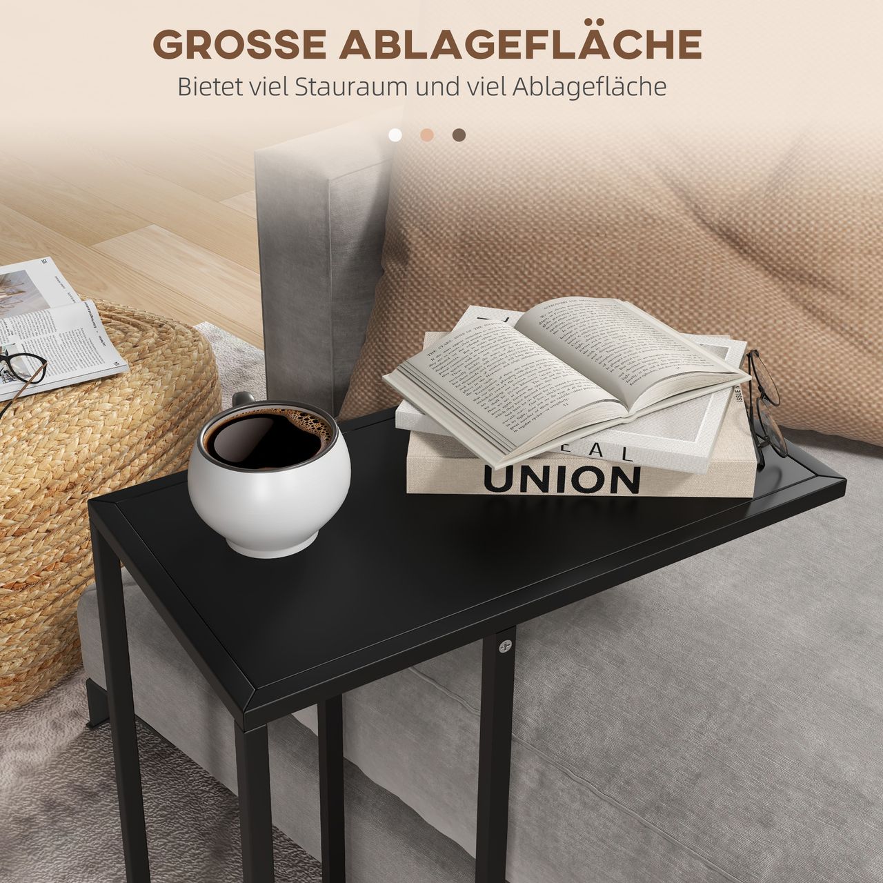 HOMCOM Beistelltisch Couchtisch in C-Form, Sofatisch Nachttisch mit Stahlgestell
