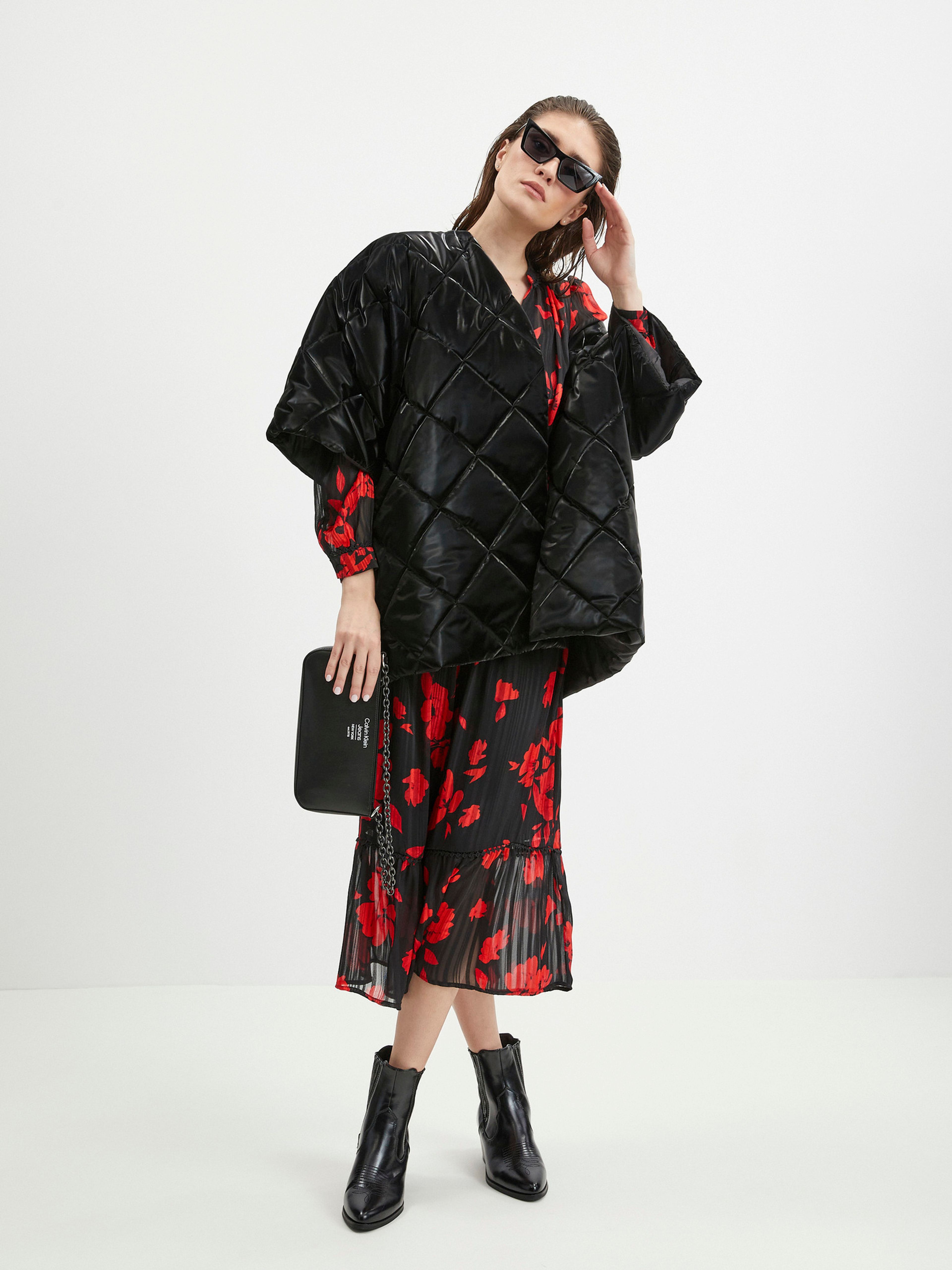 Rot-schwarzes Damen-Blumenkleid ORSAY