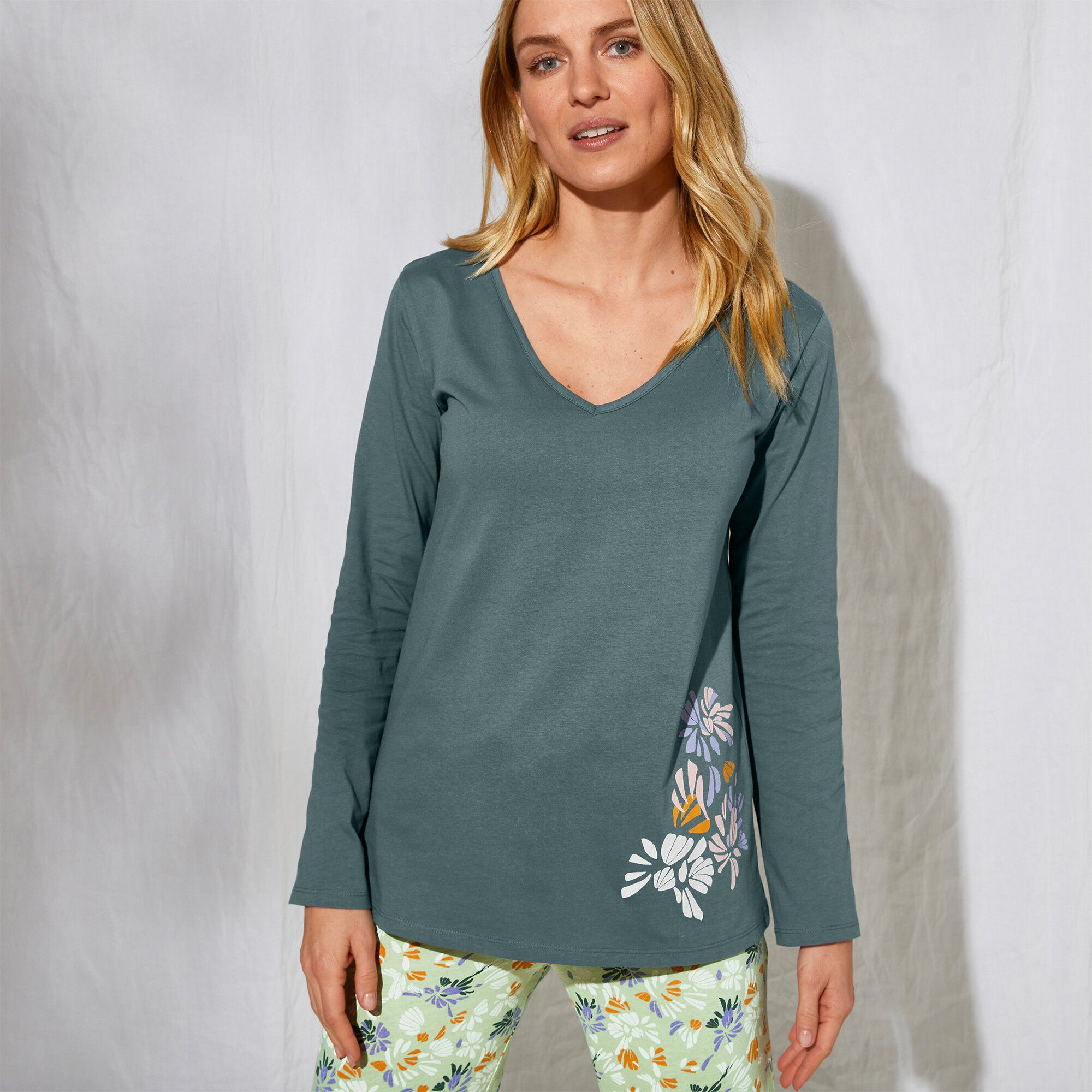 Tee-shirt pyjama manches longues imprimé placé 