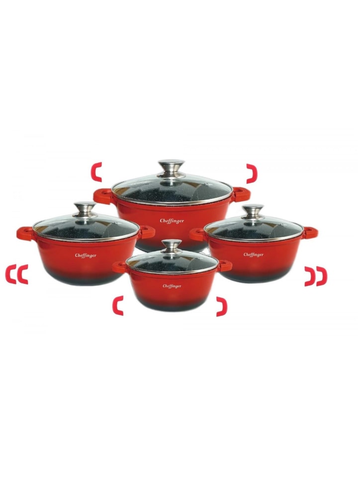 Cheffinger 8 tlg Kochtopf Set Topf Induktion Anti Haft 20-24-28-32cm in Rot günstig kaufen onesize