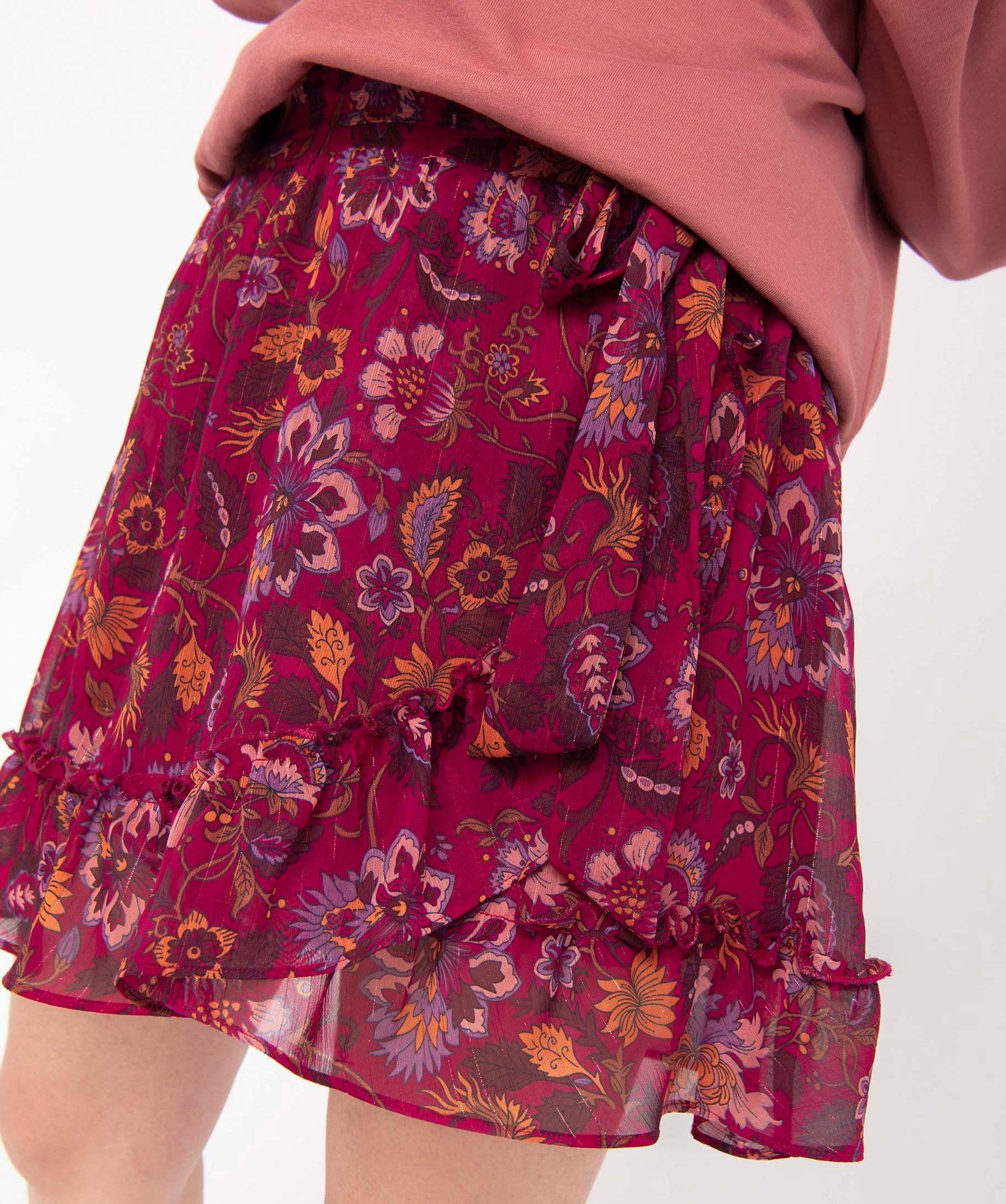 Jupe femme portefeuille à motifs fleuris et rayures scintil... imprime | GEMO