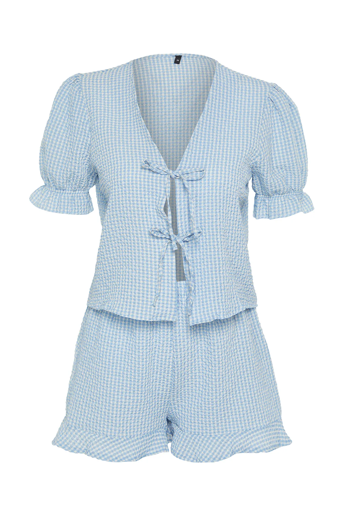 Trendyol Collection  Blaues, gewebtes Pyjama-Set aus Baumwolle mit Gingham-Struktur THMSS24PT00149