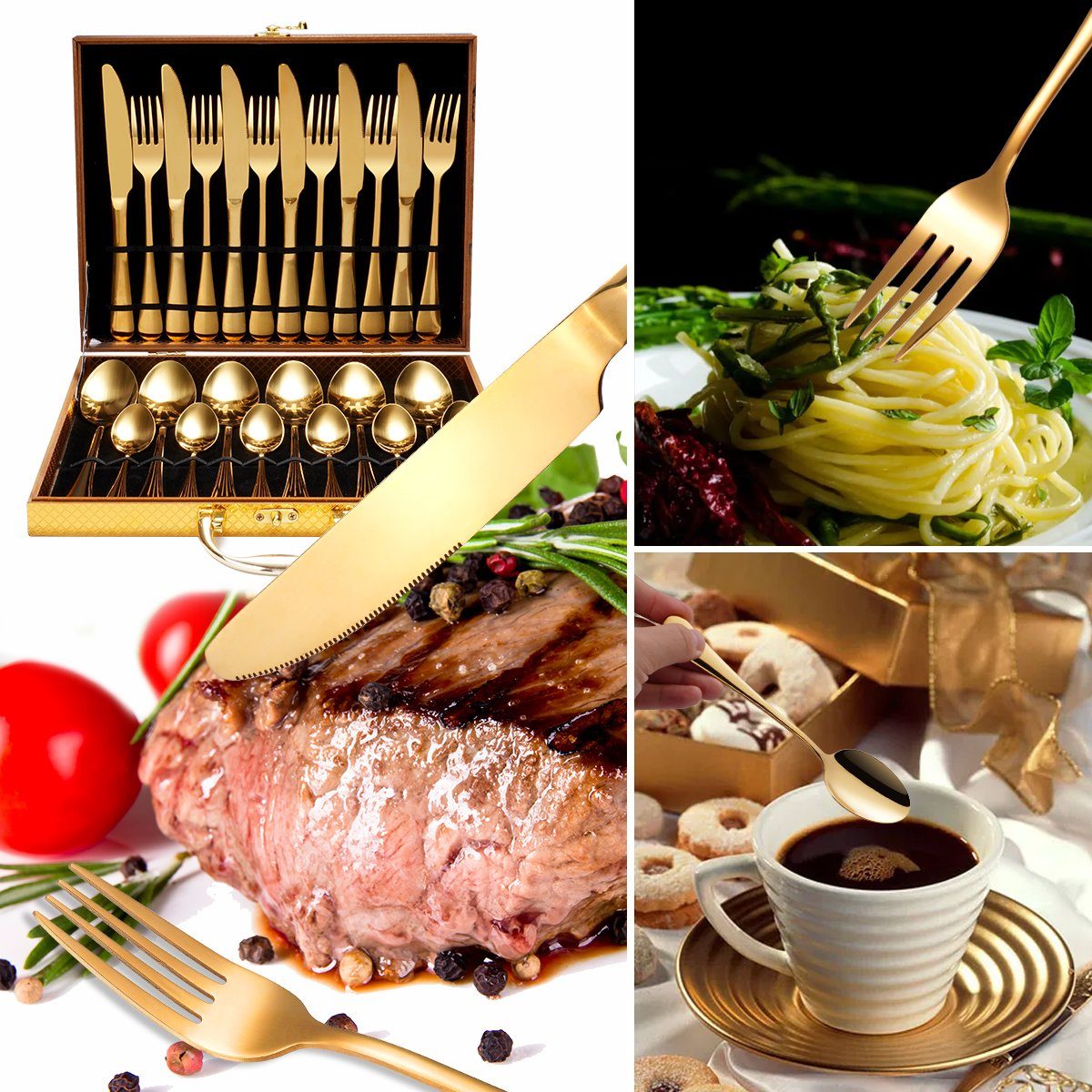 Faizee Möbel Besteck-Set Besteck-Set Edelstahl Besteck Cutlery Set 24-tlg Wooden Box