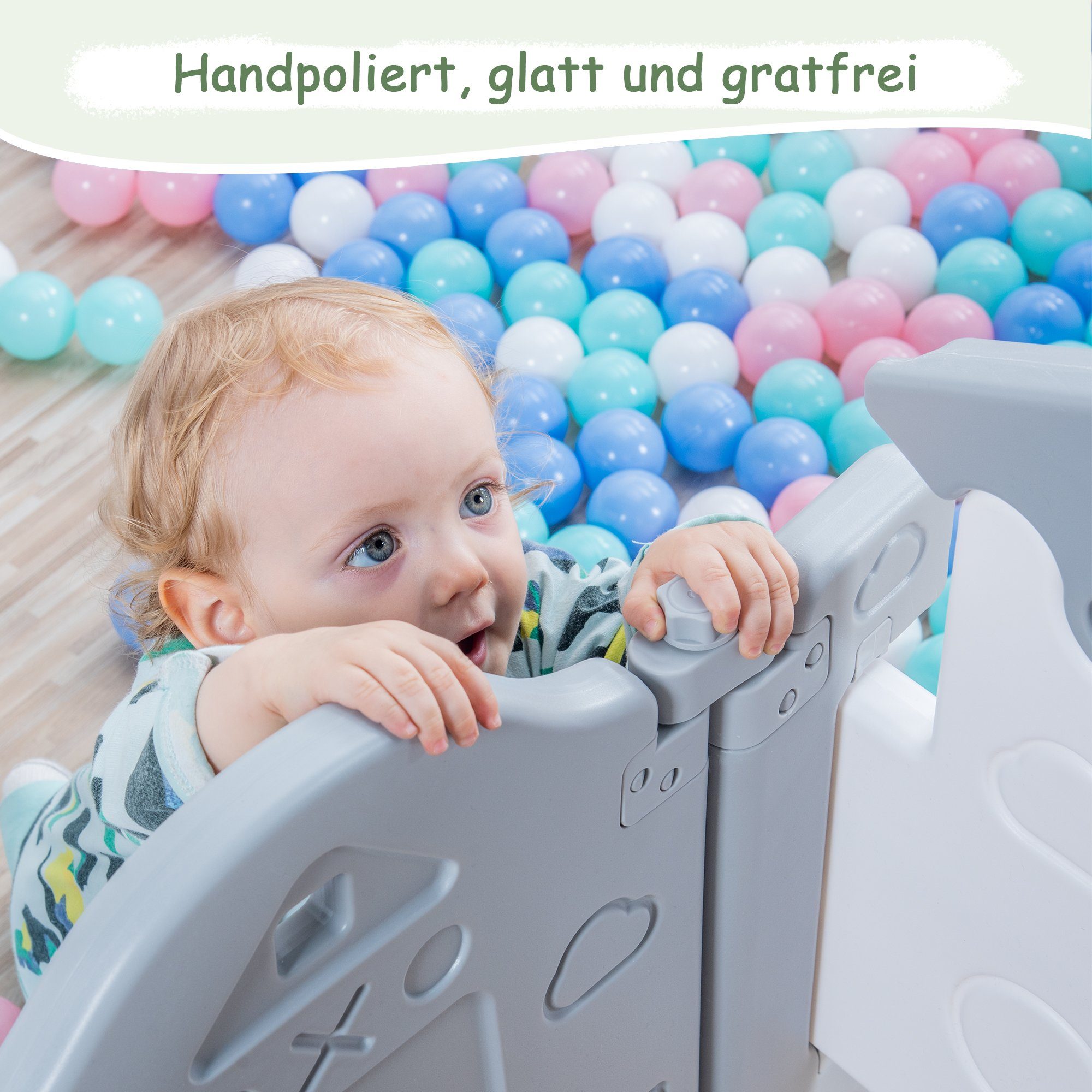 BlingBin Laufgitter Baby Laufstall Faltbar 160x160x77cm Laufställe Schutzgitter (14 Paneele Set, 14-tlg), mit Tür & Basketballkorb & Kinderschaukel