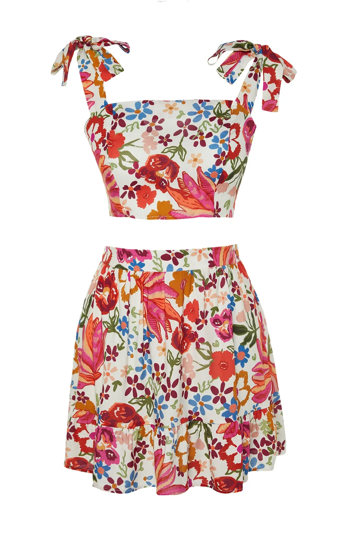 Trendyol Collection  Gewebtes Blusen-Rock-Set mit Blumenmuster und Bindeband TBESS23AU00140