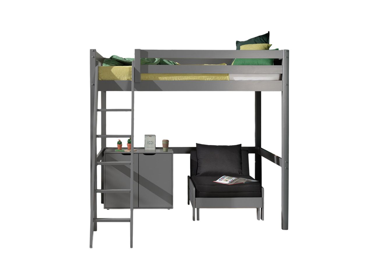 VIPACK Hochbett mit Liegefläche 140 x 200 cm inkl. Sesselbett und Kommode mit 2 Türen
