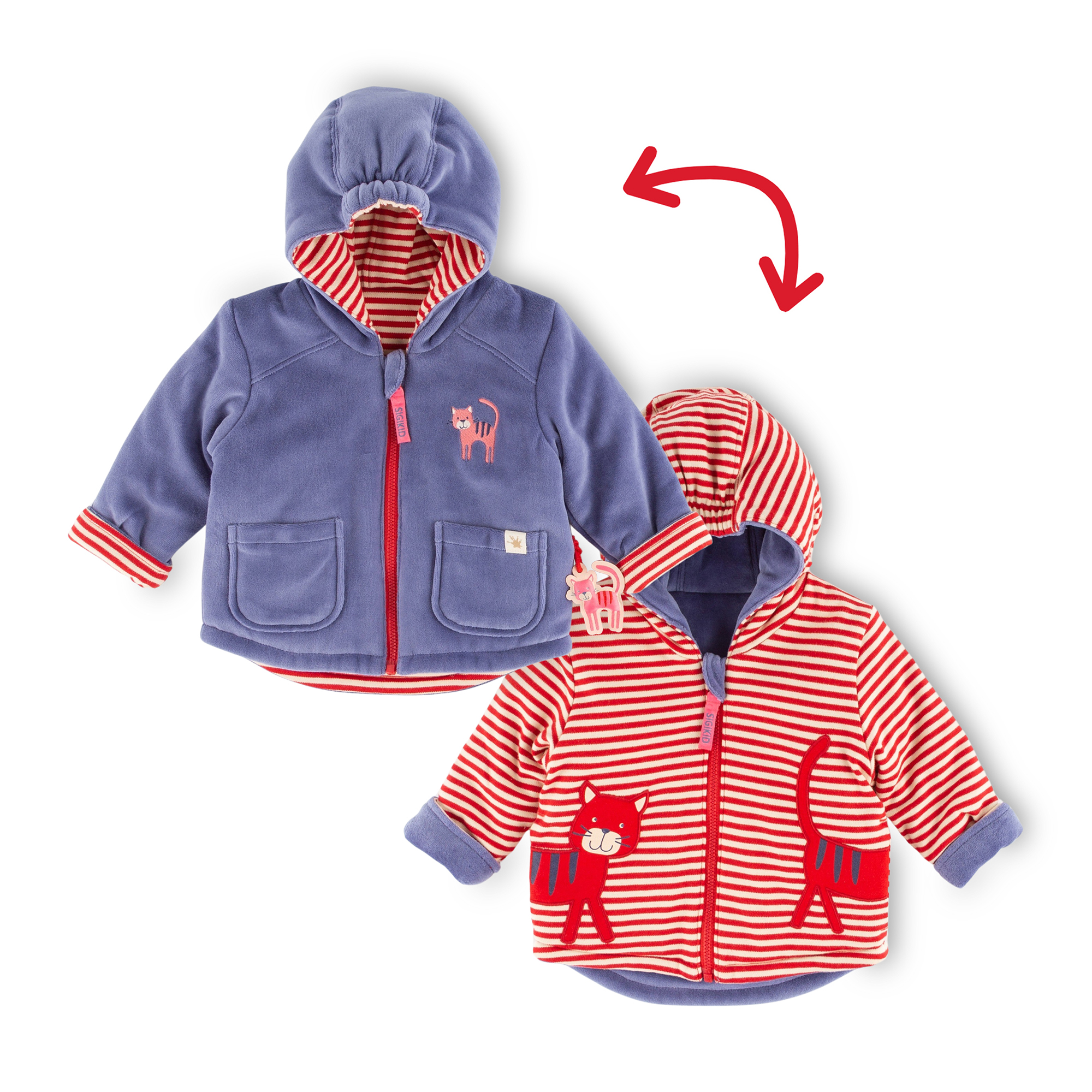 Baby Wendejacke Katze, Nicki blau oder rot-weiß geringel