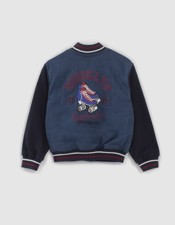 Teddy en jean marine bi matière avec broderies fille