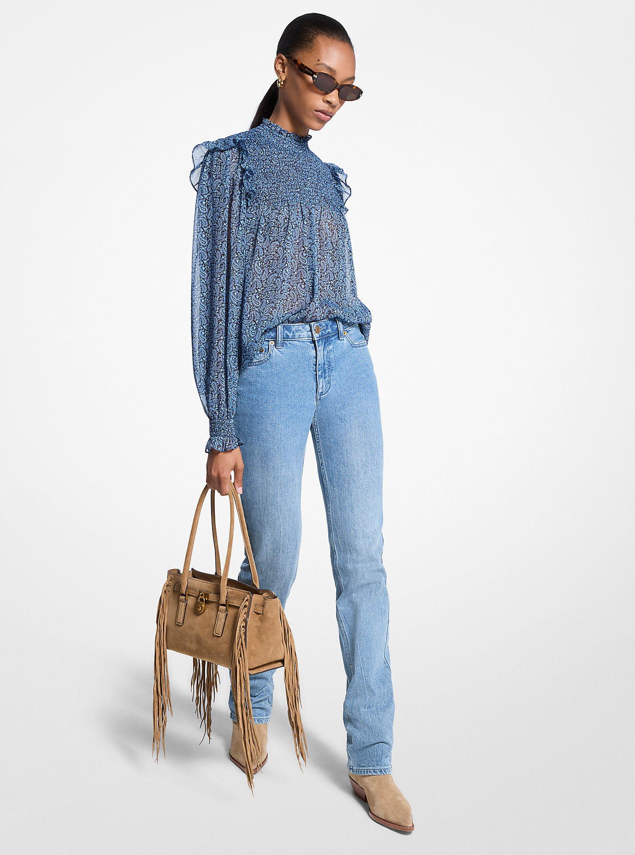 Metallisk paisley-trykk smocked georgette-bluse - FRENCH BLUE