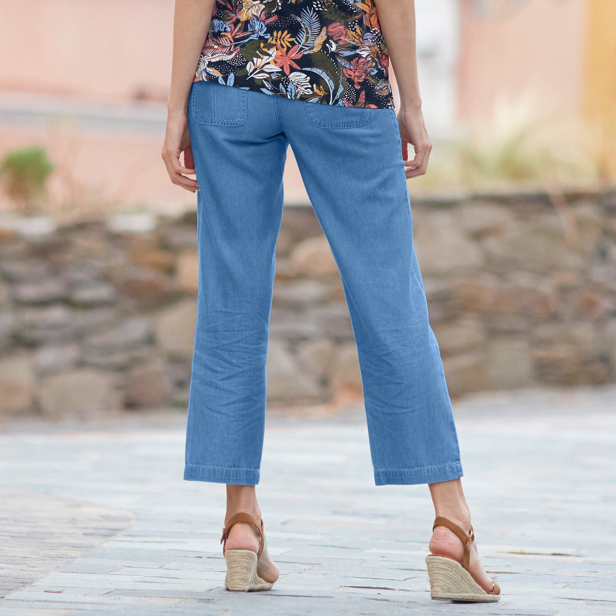 Pantalon coupe droite 7/8ème taille élastiquée, denim