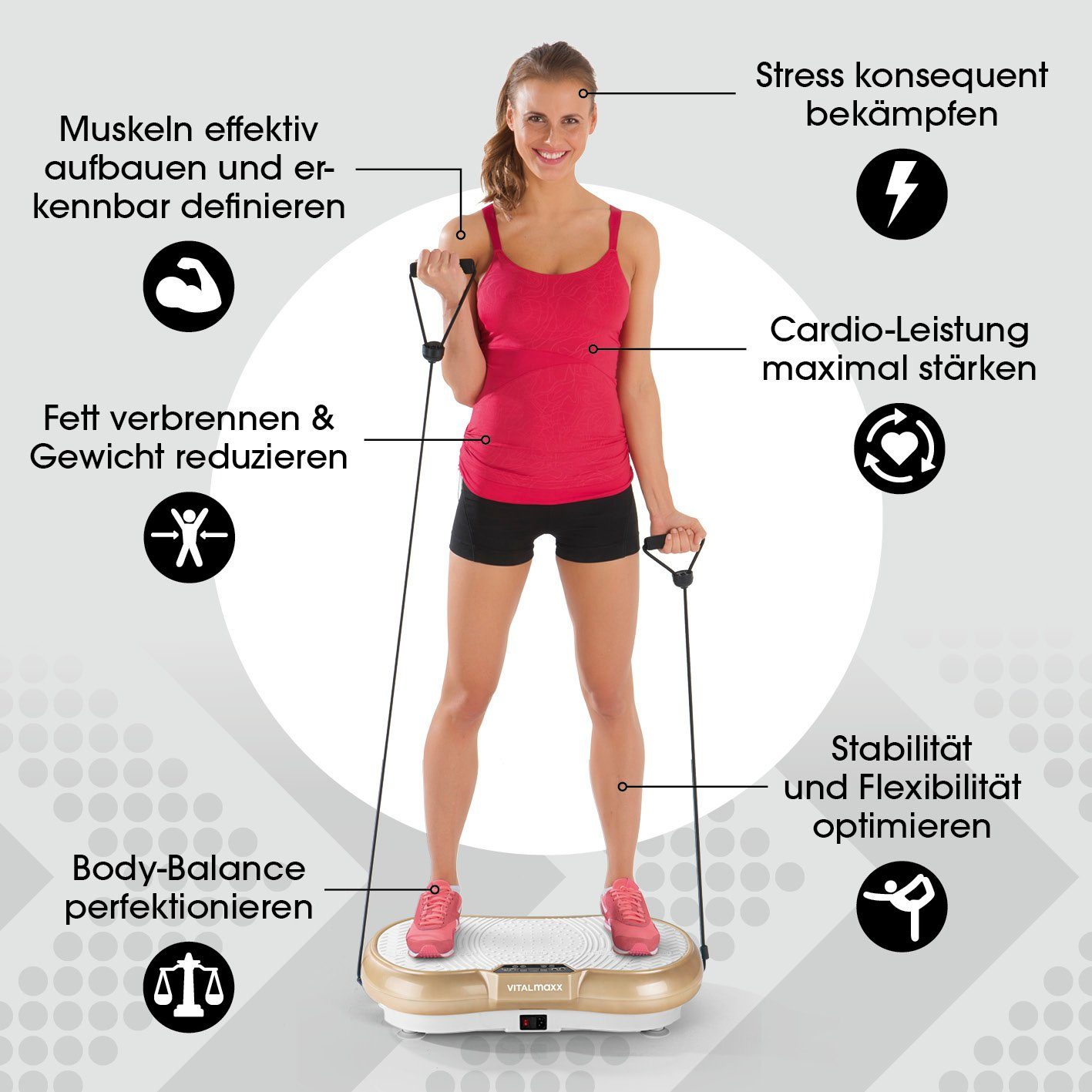VITALmaxx Vibrationsplatte Ganzkörperplatte Vibrotrainer inkl. Expanderbänder 99 Stufen, 200,00 W, 4-teilig