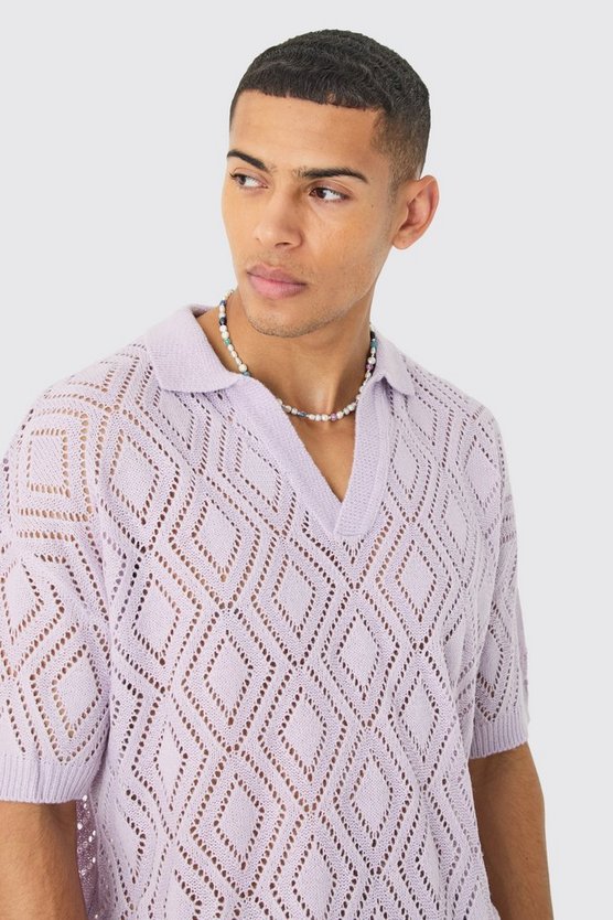 Kurzärmliges kastiges Strick-Poloshirt in Lila