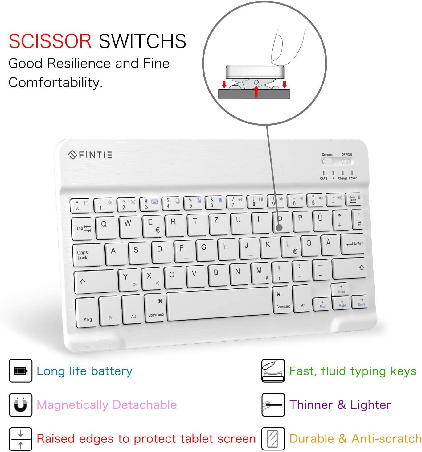 Fintie Ultradünn Bluetooth Tastatur, deutsche Layout QWERTZ für iPad/iPhone Tablet-Tastatur (iPad 10.2/9.7, Air 5/4/3/2/1, iPad Pro 12.9/11/10.5/9.7, iPad 4/3/2/1)