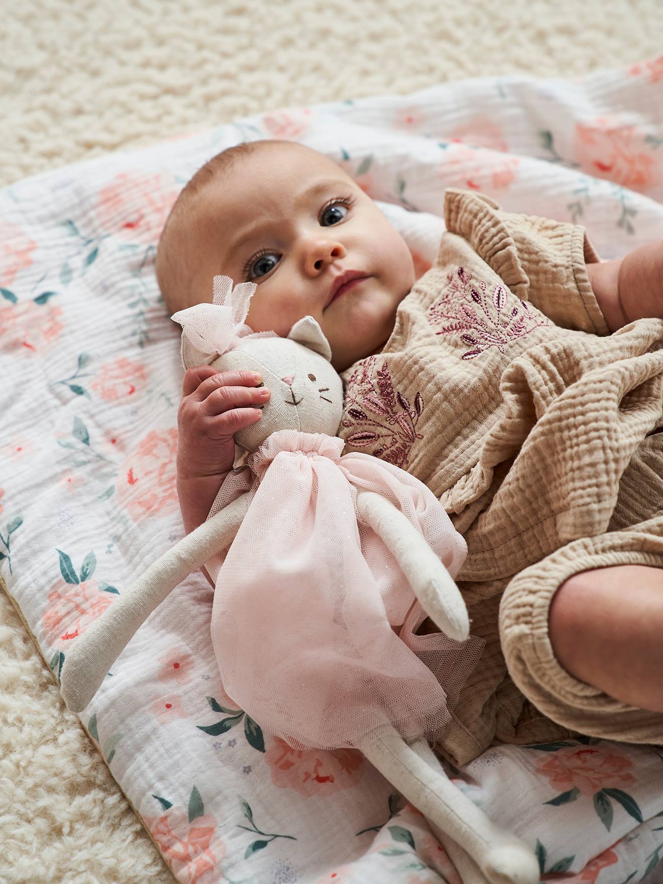 Vertbaudet Baby Spieldecke/ Laufstalleinlage ROSENTRAUM, wendbar Oeko Tex - weiß/rosa bedruckt