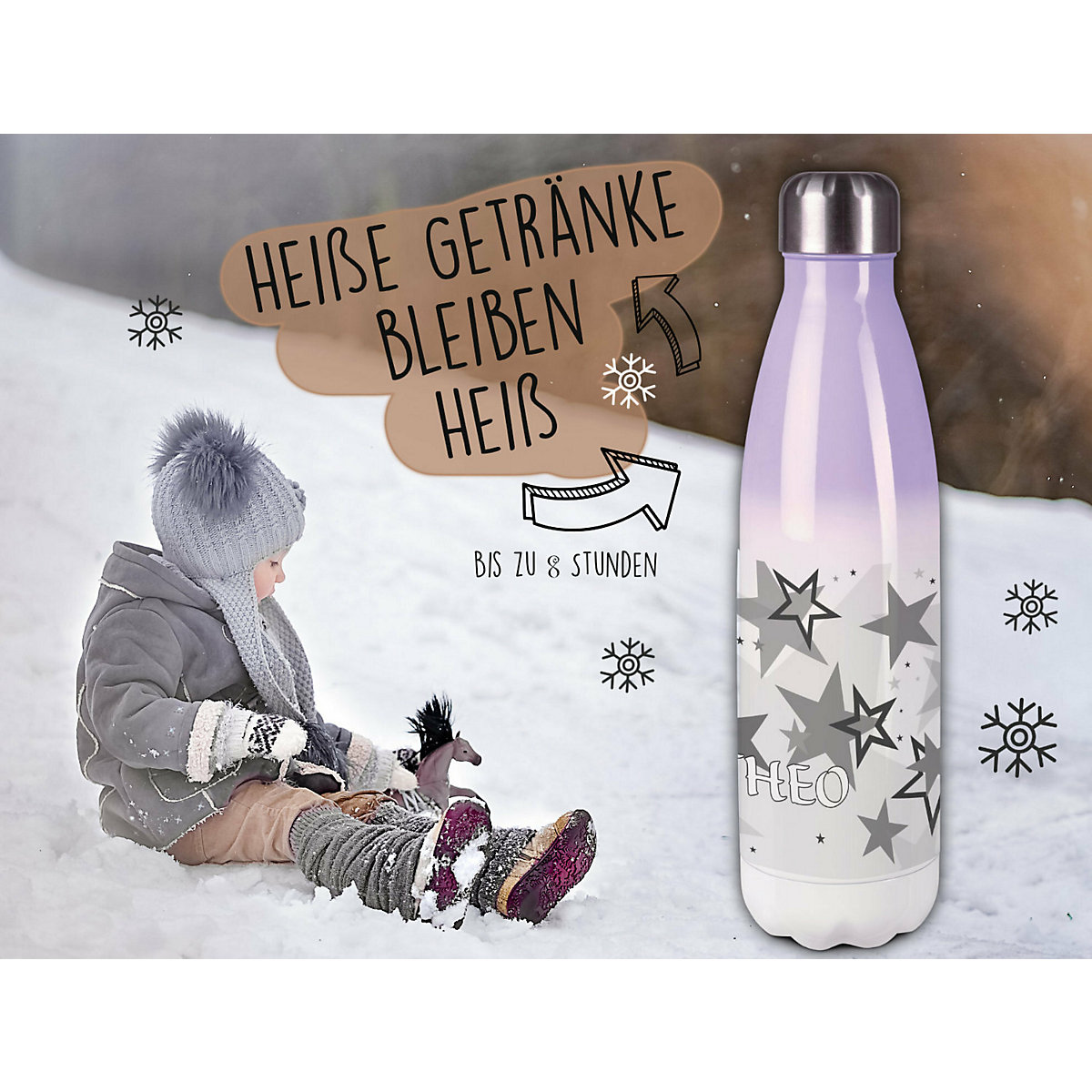 Edelstahl Kinder Thermoflasche / Trinkflasche bunt Sternenhimmel Farbe grau Spülmaschinenfest, Auslaufsicher, Bruchfest, Doppelwandig, Für Heißgetränke geeignet, Mit Deckel, Isoliert