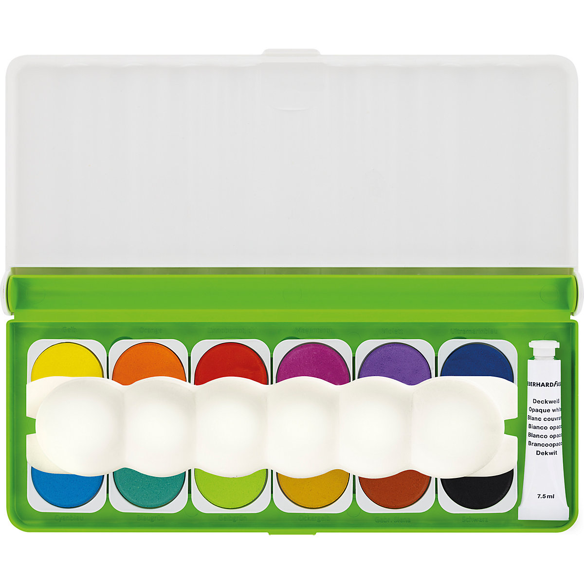 Deckfarbkasten GREEN Winner aus 100% recyceltem Material, 12 Farben, inkl. Deckweiß & Mischpalette