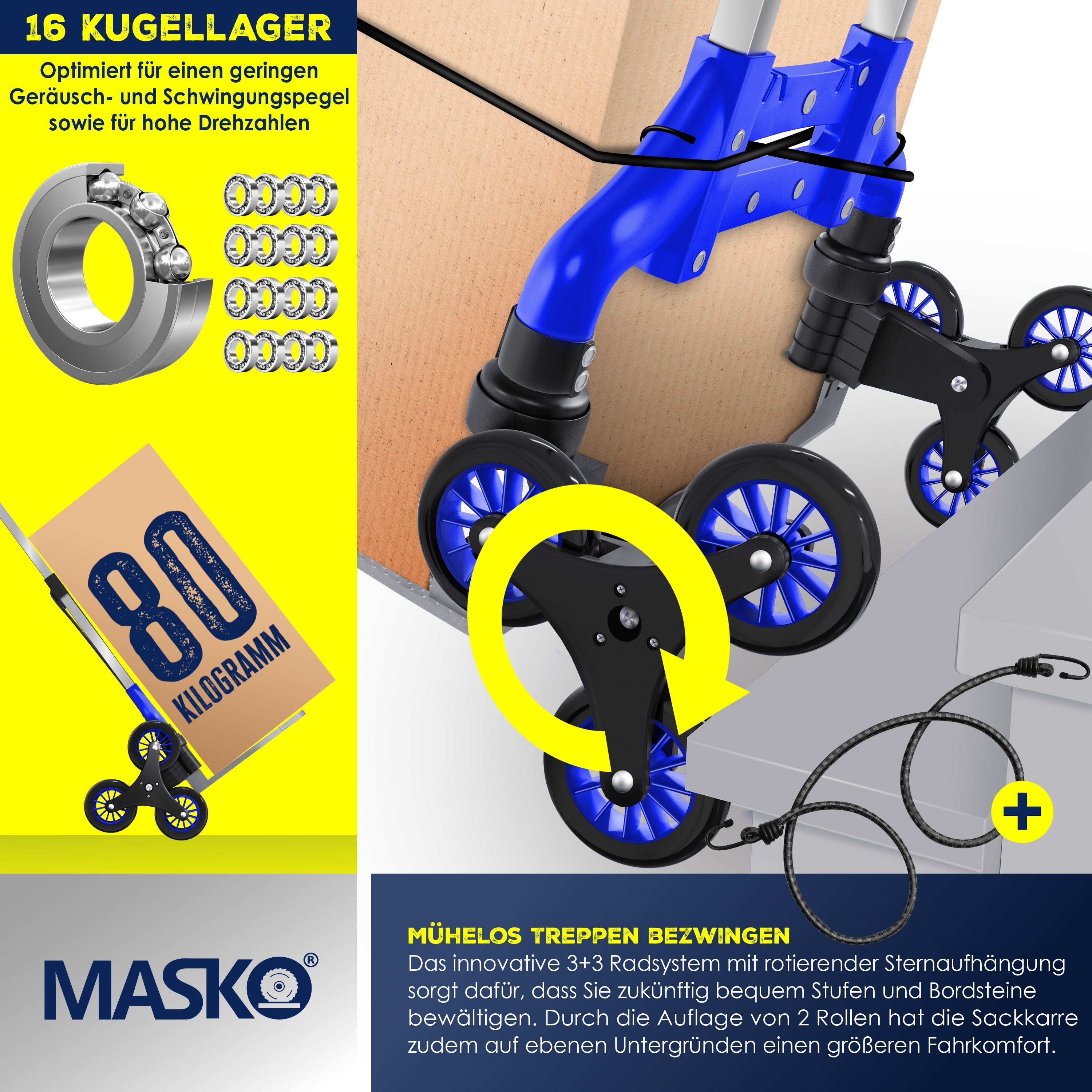 MASKO Sackkarre, Stufen-Sackkarre Treppenkarre Klappbar 80 kg Tragkraft 3x3