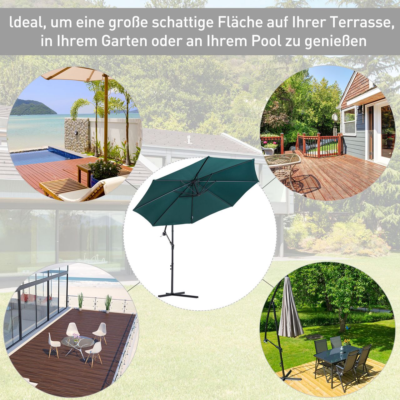 Outsunny Sonnenschirm Ampelschirm Kurbelschirm mit Handkurbel Rund, Stahlbogenstäbe und Stahl-Stehstäbe, Polyestergewebe, Grün, Ø3 x 2,5H m