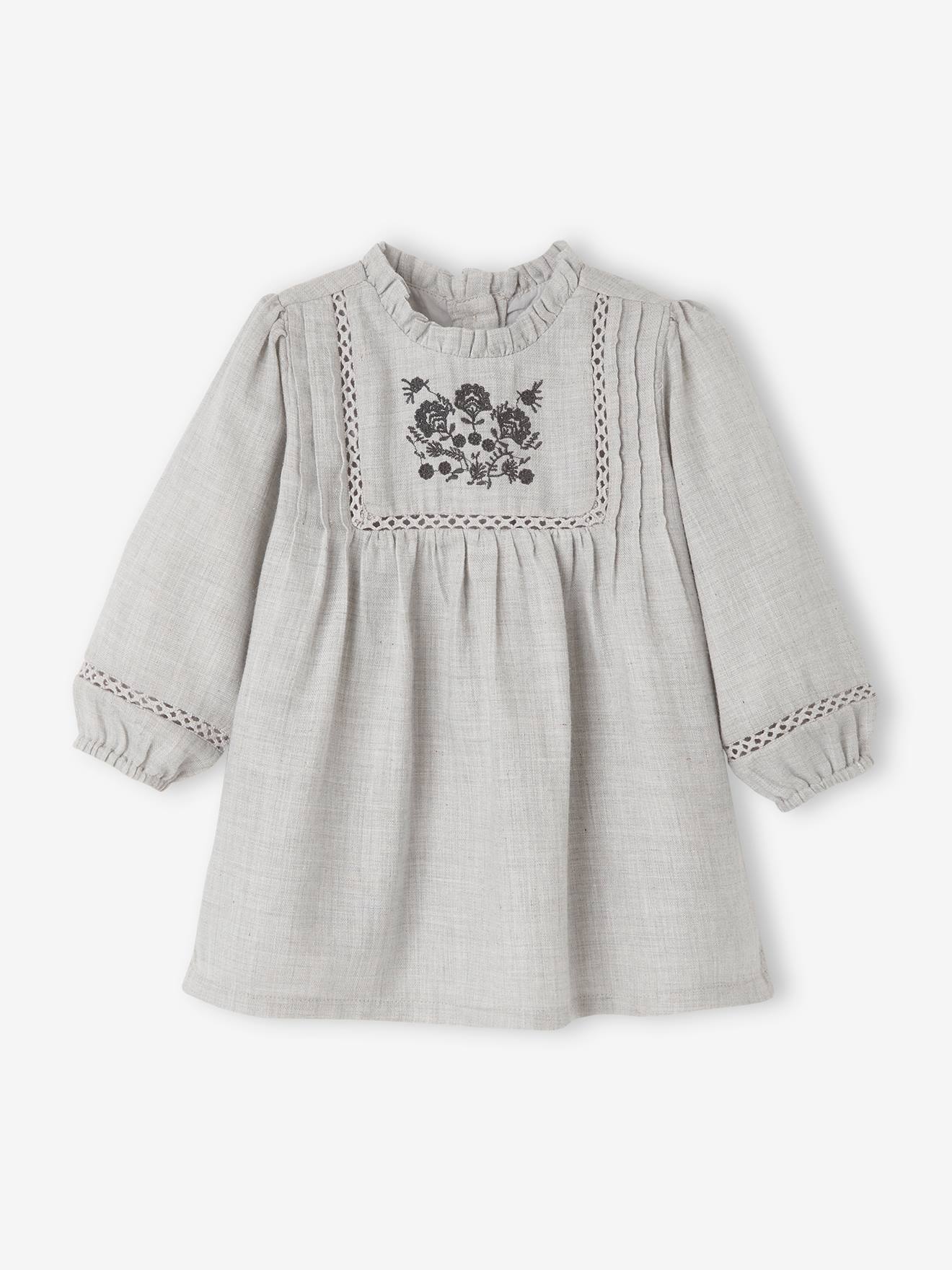 Robe avec plastron brodé bébé vert grisé