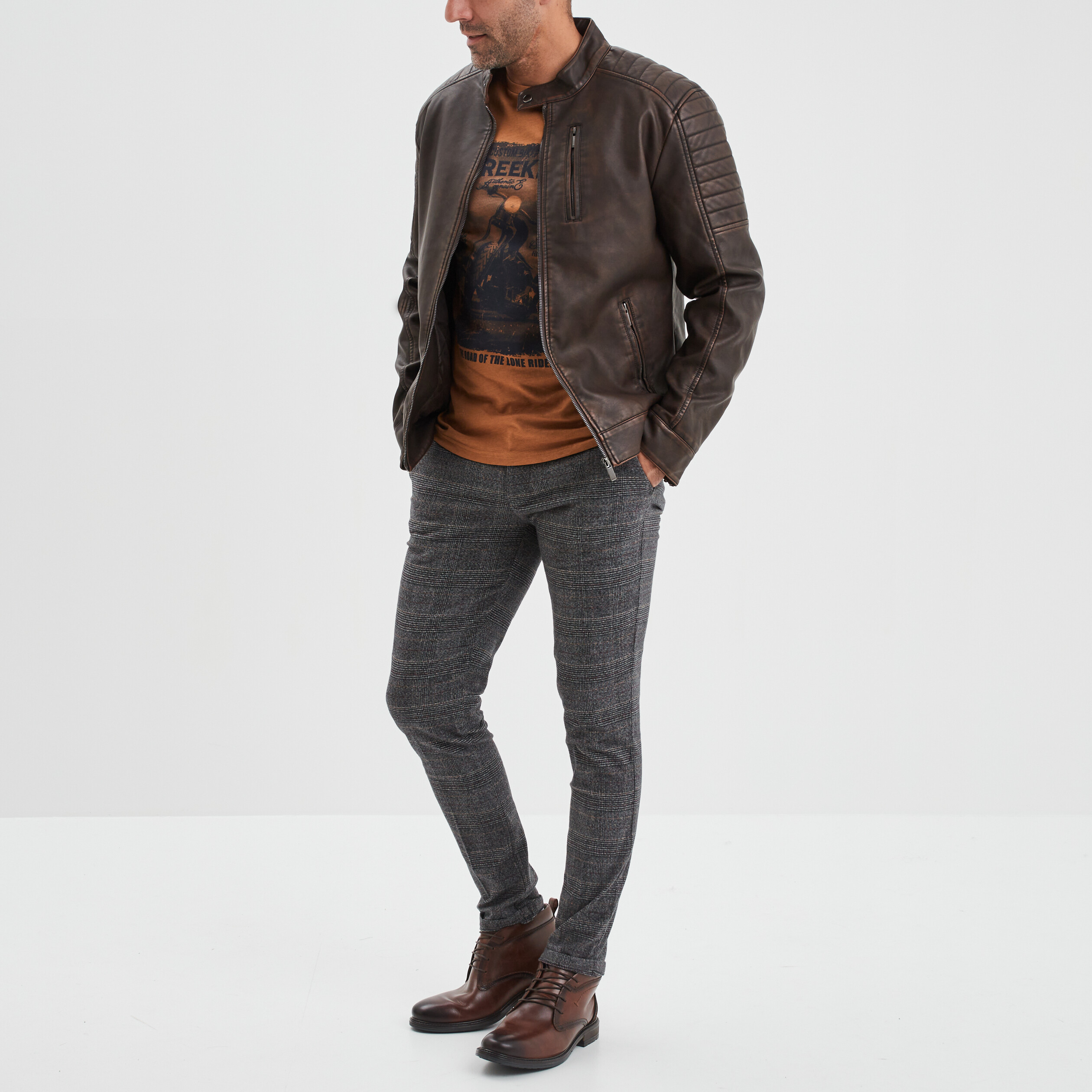 Blouson doublé droit biker à col montant marron homme | La Halle