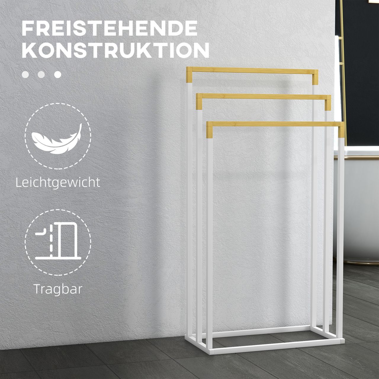 kleankin Handtuchhalter Freistehend Handtuchständer mit 3 Handtuchstange Weiß