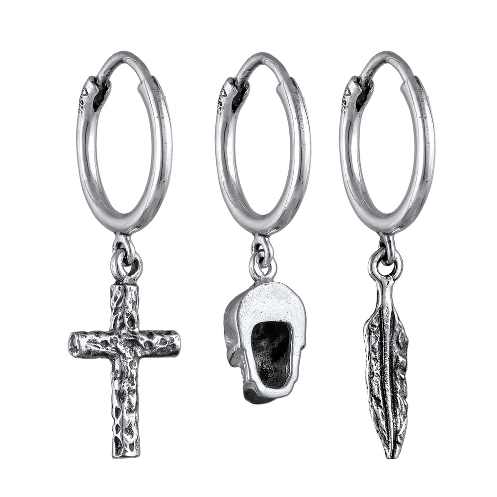 KUZZOI KUZZOI Boucles d'Oreilles Hommes Créoles Croix tête de mort Plume Set de 3 en arg Boucles d'oreilles