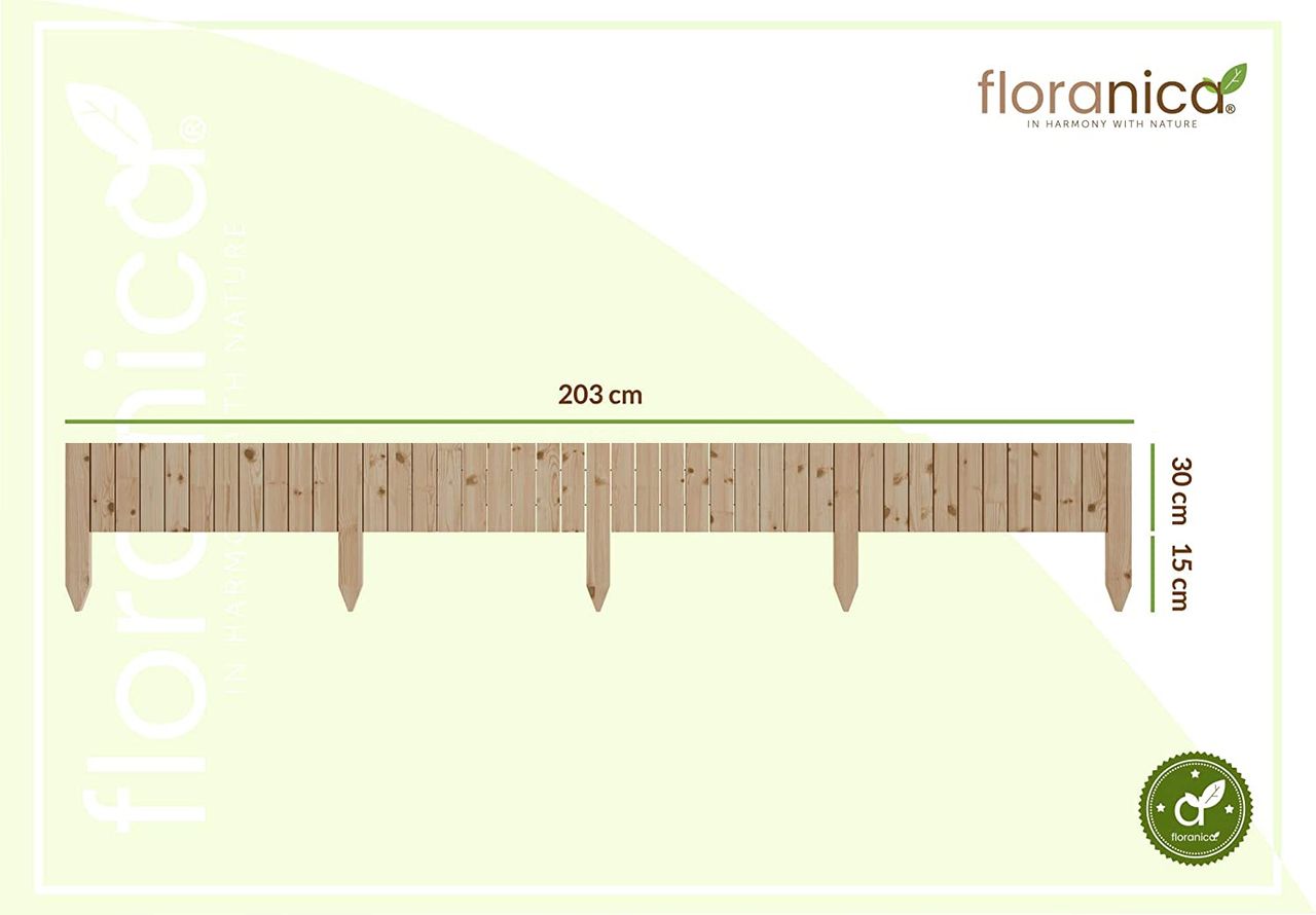 Pemicont Floranica Rollborder II Flexibler Holzzaun 203cm (kürzbar) Höhe: 30cm Unbehandelt Kiefernholz Beeteinfassung Rasenkante Beetumrandungen
