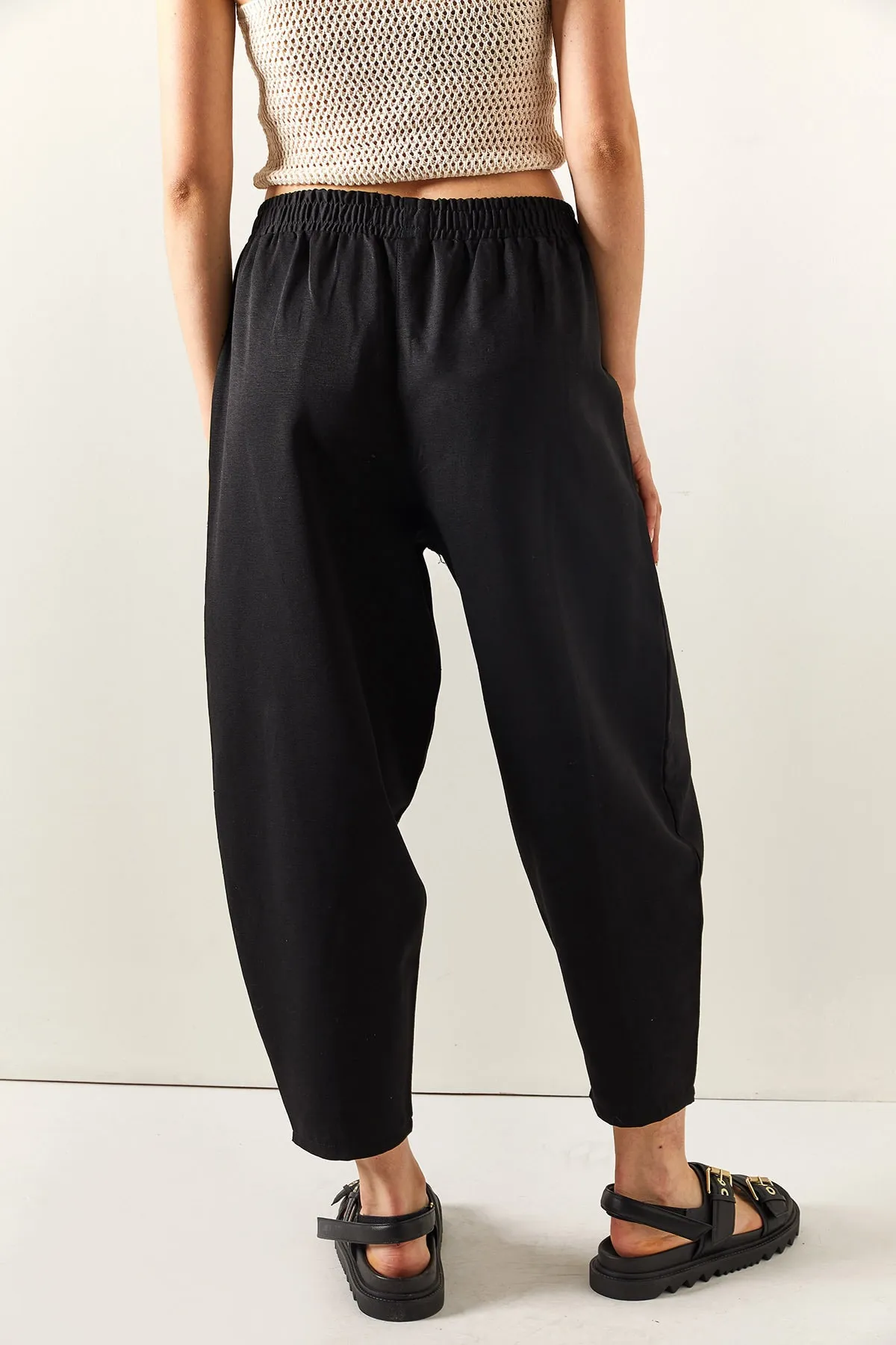 Olalook  Schwarze Damen-Shalwar-Hose aus Leinen mit Taschen und Nähten, PNT-19000234