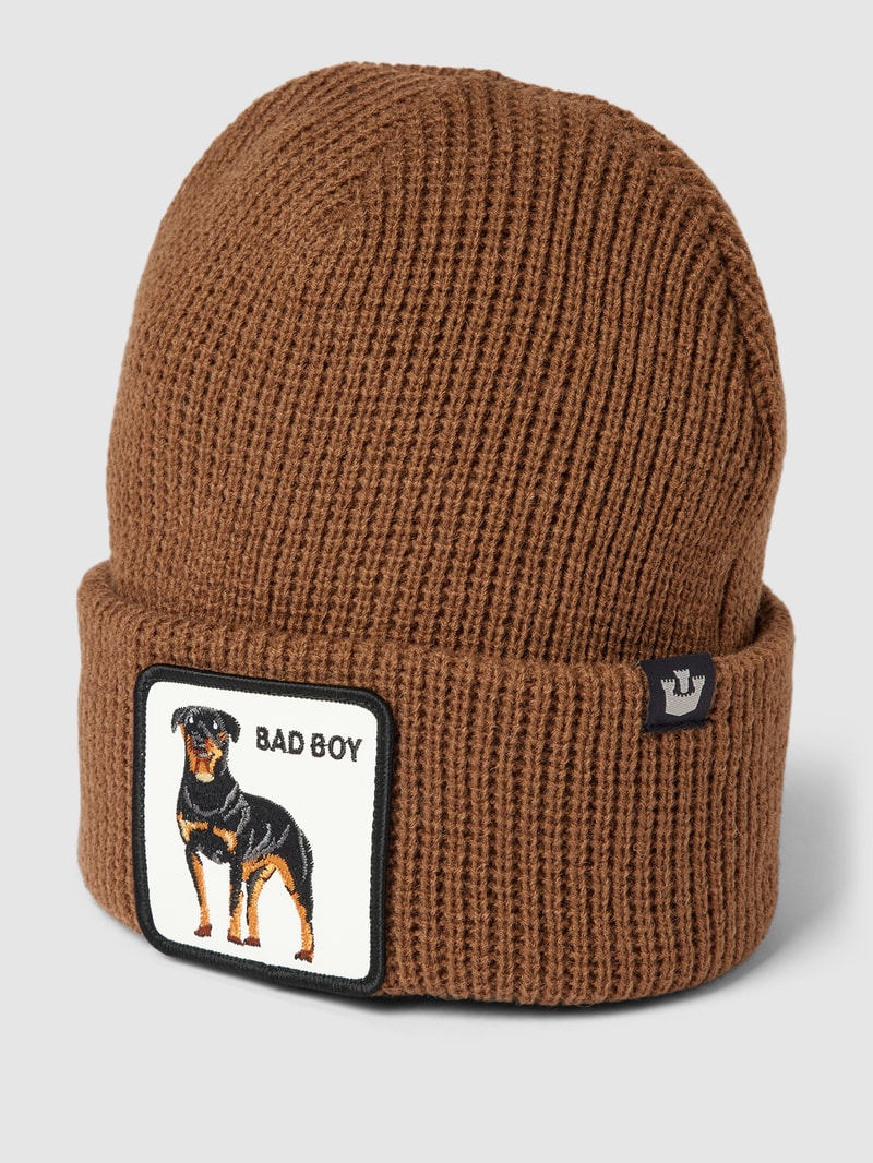 Strickmütze mit Motiv-Patch Modell 'Ruff Stuff' in dunkelbraun